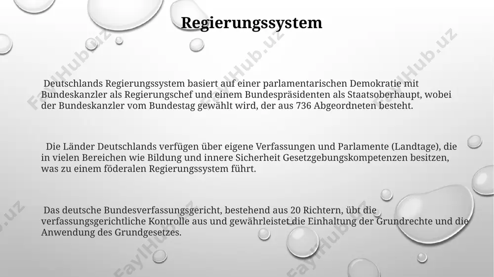 hergestellt wird. staatsaufbau die gewaltenteilung in deutschland umfasst die legislative (bundestag und bundesrat), die exekutive (bundesregierung) und die judikative (bundesverfassungsgericht und weitere gerichte), die sich gegenseitig kontrollieren. artikel 20 des grundgesetzes garantiert die demokratische ordnung, die auf dem prinzip der volkssouveränität basiert und die rechte und pflichten von bürgern und staat festlegt. der deutsche bundesstaat besteht aus 16 bundesländern mit jeweils eigenen landesparlamenten und -regierungen, die in vielen bereichen eigene gesetzgebungskompetenzen besitzen. politische parteien die fünf-prozent-hürde im bundestagswahlrecht wirkt als filter und erschwert den einzug kleinerer parteien ins parlament, wodurch die regierungsbildung oft von nur wenigen parteien bestimmt wird. innerhalb der parteien existieren oft flügelkämpfe und interne machtstrukturen, die die politische entscheidungsfindung beeinflussen und zu koalitionsverhandlungen mit unterschiedlichen schwerpunkten führen können. deutschlands parteiensystem ist geprägt von einer vielzahl kleinerer parteien neben den etablierten „volksparteien“, die zusammen häufig über 90% der stimmen erreichen. legislative viele länder verfügen über ein zweikammersystem, bestehend …