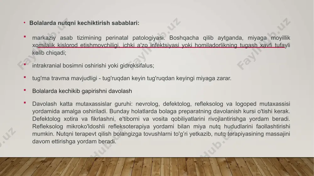a olgan holda, murakkablik, tabaqalashtirilgan yondashuv, bosqichma-bosqich, ontogenetik, shaxsiy xususiyatlarni hisobga olgan holda, faoliyat yondashuvi, aylanma yo'l bilan , tabiiy nutq aloqasi sharoitida nutq ko'nikmalarini shakllantirish. nutq buzilishlarini bartaraf etishda umumiylikni hisobga olish kerak etiologik ularning paydo bo'lishiga sabab bo'lgan omillar (tashqi, ichki, biologik va ijtimoiy-psixologik omillar). shunday qilib, dislaliya bilan noto'g'ri okklyuziya tovushlarning artikulyatsiyasining buzilishiga, artikulyar motorikaning rivojlanmaganligiga moyil bo'ladi. bunday holda, tishlashni normallashtirish uchun nutq terapiyasi ortodontik aralashuv bilan birlashtiriladi. dislaliya, shuningdek, bolaning nutqiga boshqalarning etarlicha e'tibor bermasligidan kelib chiqishi mumkin, ya'ni. ijtimoiy omil. bunday holda, nutq terapiyasi ishi bolaning ijtimoiy muhit bilan nutq aloqalarini normallashtirishga, nutq motorikasini, fonemik idrokni rivojlantirishga qaratilgan. nutq terapiyasi ta'sirining mazmuni quyidagilarga bog'liq mexanizmi nutq buzilishi. nutq buzilishlarining bir xil simptomologiyasi bilan turli mexanizmlar mumkin. masalan, dislaliyadagi tovushlarning almashinishi eshitish diskriminatsiyasining noaniqligi, tovushlarni quloq bilan farqlanmasligi yoki nozik artikulyar harakatlarning rivojlanmaganligi tufayli bu tovushlarni almashtirishi mumkin. dislaliyani yo'q qilishda asosiy narsa yetakchi buzilishlarga …