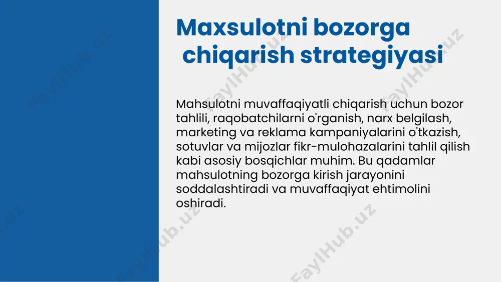 radi. raqobatchilar strategiyalarini o'rganish, ularning marketing taktikalarini, narx siyosatini va mahsulot takliflarini tahlil qilish orqali, raqobatchilarning kuchli va zaif tomonlarini aniqlash mumkin. bu ma'lumotlar, kompaniyaning raqobatbardoshligini oshirish uchun muhimdir. swot tahlil yordamida raqobatchilarning kuchli va zaif tomonlari, shuningdek, imkoniyatlar va tahdidlar aniqlanadi. bu tahlil, raqobatchilarga nisbatan strategik yondashuvlarni ishlab chiqishda asosiy vositadir. bozorni o'rganish usullari bozor tadqiqotlari muhim ahamiyatga ega, ular anketa va intervyular orqali amalga oshiriladi. anketalar keng auditoriyadan ma'lumot to'plashga yordam beradi, intervyular esa chuqurroq tushunish imkonini yaratadi. masalan, mijozlar bilan intervyu o'tkazish yangi mahsulot uchun muhim bo'lgan ehtiyojlarni aniqlashda yordam beradi. ma'lumotlarni yig'ish va tahlil qilish jarayonlari statistik va sifatli usullarni o'z ichiga oladi. bu jarayon bozor segmentlarini aniqlash, maqsadli auditoriyani belgilash va marketing strategiyalarini ishlab chiqishda muhim rol o'ynaydi. to'g'ri ma'lumotlar asosida, kompaniyalar raqobatchilardan ajralib chiqish imkoniyatiga ega bo'ladi. raqobatchilar bilan solishtirish raqobatchilar mahsulotlari va xizmatlarini tahlil qilishda ularning asosiy xususiyatlari, afzalliklari va kamchiliklarini aniqlash muhim. …