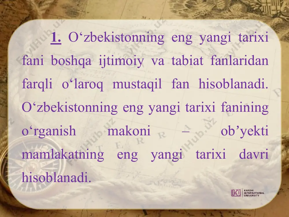 bekiston respublikasi birinchi prezidenti i.a.karimovning 1996-yil 13-dekabrdagi farmoniga ko‘ra – o‘zbekistonning yangi tarixini tayyorlash va nashr qilish haqida qaror qabul qilindi. 1998-yilda chop etilgan “tarixiy xotirasiz kelajak yo‘q” risolasida tarix fanining qator dolzarb masalalariga eʼtibor qaratildi. 2017-yil 30-iyunda prezident sh.m.mirziyoyev imzosi ostida o‘zbekiston respublikasi fanlar аkademiyasi huzurida o‘zbekistonning eng yangi tarixi bo‘yicha jamoatchilik kengashini tuzish to‘g‘risida”gi qaror qabul qilindi. a.sagdullaevning fikricha, markaziy osiyo tarixining eng qadimgi davri bir necha yuz ming yillarni o‘z ichiga oladi. a.asqarovning fikricha, o‘zbekiston tarixi jahon tarixining tarkibiy qismidir. o’zbekiston tarixining davlashtirilishi ilk o’rta asrlar davri qadimgi davr (ibtidoiy davr) eng yangi davr rivojlangan o’rta asrlar davri xonliklar davri sovetlar davri mustaqillik davri