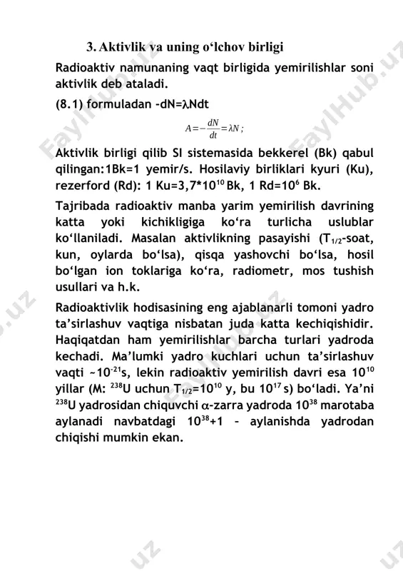 chi nodir yer elementlarida ham alfa aktiv izotoplar hosil qilinadilar. alfa-yemirilgan yadro zaryadi z=2, massa soni a=4 ga kamayadi, davriy sistemada ikki katak oldinga siljiydi: alfa-yemirilish energetik jihatdan mumkin bo‘lishi uchun ushbu shart bajarilishi lozim: (9.1) ya’ni dastlabki ona yadroning massasi (energiyasi) hosilaviy yadro va alfa-zarra massalari (energiyalari) yig‘indisidan katta bo‘lishi kerak. energiyalar farqiga -yemirilish energiyasi edeyiladi. yemirilish energiyasi bo‘laklarga (-zarra va hosilaviy yadrolarga) kinetik energiya berishga sarf bo‘ladi. (9.2) bu yerda t,tx.ya.-lar -zarra va hosilaviy yadrolar kinetik energiyalari. 5. alfa yemirilishda energiyaviy munosabatlar alfa energiyasining massa soni a oshishi bilan o‘sib borishligini tomchi modeliga ko‘ra kulon energiyasi oshishligi bu bilan bog‘lanish engergiyasining kamayib, massasini oshib borishligi bilan tushuntirish mumkin. ya’ni dastlabki yadroda hosila yadroga qaraganda zaryad katta kulon energiyasi katta bog‘lanish energiyasi kichik, massasi esa oshib boraberadi. alfa zarralar energiyasi oshib borishligini solishtirma bog‘lanish energiyasiga ko‘ra tushintirish mumkin. solishtirma bog‘lanish energiyasini massa soniga bog‘liqlik grafigidan ko‘rinib turibdiki, o‘ta og‘ir …