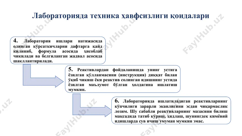 йиш ёки уларни аралаштириш учун шиша таёқчалардан фойдаланилади. асосан диаметри 4-6 мм ли таёқчалардан фойдаланган маъкул. бундан йўғонлари оғир бўлиб, ноқулайлик туғдиради. лаборатория асбоб-ускуна ва жиҳозлари билан танишиш ҳамда улардан фойдаланишни ўрганиш лаборатория максадларида кўпроқ 9-13 см диаметрли чинни косачалардан фойдаланиш қулайликларга эгадир. бундай идиш лардан асосан суюқликларни буғлатиш учун фойдаланилади. косачаларнинг чеккаси ҳам албатта суюқликларни қуйишга мослашган бўлиши лозим. ҳажми 50 мл дан 1000 мл гача суюқлик сиғдира олади. чинни косачалар(чашки) лаборатория асбоб-ускуна ва жиҳозлари билан танишиш ҳамда улардан фойдаланишни ўрганиш бундай шиша мосламалар асосан чинни косача, стакан ҳамда воронкалар устини ёпиш учун ишлатилади бундай ойначалар ясси шиша пластинкаларга нис батан қулайроқдир. масалан, ботик юзада суюқликнинг окиб кет маслиги (сифат анализида ) ёки қайнаётган суюқлик буғ ларининг бу юзада йиғил иб сув томчиларига айла ниши, эритма концентрациясининг ўзгармаслигига олиб келади. соат ойначалари лаборатория асбоб-ускуна ва жиҳозлари билан танишиш ҳамда улардан фойдаланишни ўрганиш бу асбобнинг ички томони икки қаватдан иборат …