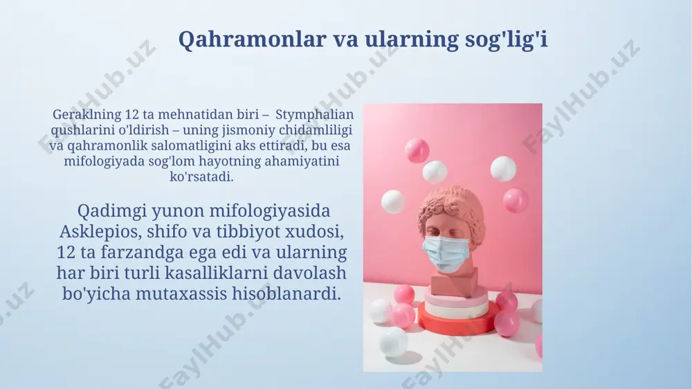 an. shifo beruvchi o'simliklar va hayvonlar gipokrat asarlarida taxminan 15 ta o'simlik va 5 ta hayvon mahsulotlari shifobaxsh maqsadlarda ishlatilishi haqida ma'lumotlar keltirilgan. qadimgi yunon shifokorlari 30 dan ortiq o'simlik turini, jumladan, atamalari galen tomonidan tasvirlangan papaver va mandragora kabi dorivor o'simliklarni qo'llaganlar. epidimiyalar va jazo xudolari ba'zi manbalarda epidemiyalarni yuboruvchi yovuz ruhlar yoki xudolar ham tilga olingan, masalan, qurg'oqchilik va vabo xudosi kabi 3 dan ortiq shaxslar. rim mifologiyasida, salus kabi sog'liqni saqlash xudosi mavjud bo'lsa-da, epidemiyalar ko'pincha xudolar g'azabining natijasi sifatida ko'rilgan va qurbonliklar orqali yarashishga harakat qilingan. e'tiboringiz uchun rahmat @taqdimot_robot image4.png image5.jpg image6.jpg image7.jpg image8.jpg image9.jpg image10.jpg image11.jpg image12.jpg image13.jpg image14.jpg image15.jpg image16.jpg image17.jpg image18.jpg image19.jpg image20.jpg image21.jpg image3.jpeg