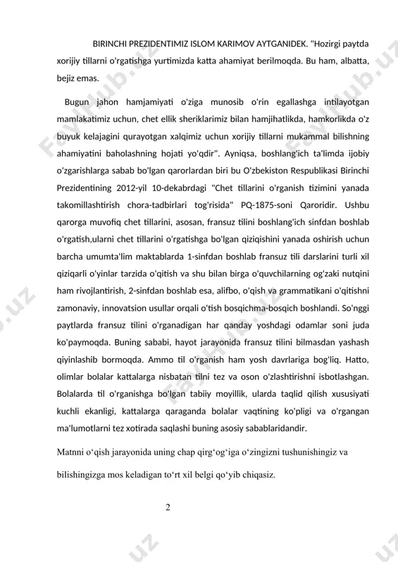 otgan materialni yaxshiroq anglash uchun qо‘llaniladigan usullaridan biri bо‘lib xisoblanadi. sinkveyn (fransuzcha) besh qatorli о‘ziga xos, qofiyasiz she’r bо‘lib, unda о‘rganilayotgan tushuncha (xodisa, voqea, mavzu) tо‘g‘risidagi axborot yig‘ilgan xolda, о‘quvchi sо‘zi bilan, turli variantlarda va turli nuqtai nazar orqali ifodalanadi. sinkveyn tuzish-murakkab g‘oya, sezgi va xissiyotlarni birnechagina sо‘zlar bilan ifodalash uchun muxim bо‘lgan malakadir. . sinkveyn tuzish jarayoni mavzuni yaxshiroq anglashga yordam beradi. xorijiy til darslarida leksik materiallar ustida ishlash.leksika tildagi so’z boyligi. so’z boyligi 3000000-5000000. kattayoshdagi ilmli kishilar ona tilida 6000-1000000 so’zlar biladilar.kundalik hayotda 1500 dan 2500 gacha so’z ishlatadilar.so’z bilmasdan turib tinglab tushunish, gapirish, o’qish va yozish mumkin emas. muhokama. xitoy ixtirochilaridan biri masaru ibuka mashhur "ushdan keyin juda kech" kitobida yozganidek: "...bolaning miyasi cheksiz miqdordagi ma'lumotlarga ega bo`lishi mumkin.’’ 3 yana shunga e'tibor qaratish kerakki, 6-7 yoshdagi bolalar ma'lumotlar ma'nosini tushinib emas, uni mexanik tarzda yodlaydi. shuning unchun ham fransuz tilini o'rganayotgan boshlang'ich sinf o'quvchilariga tilni o'rgatishni …