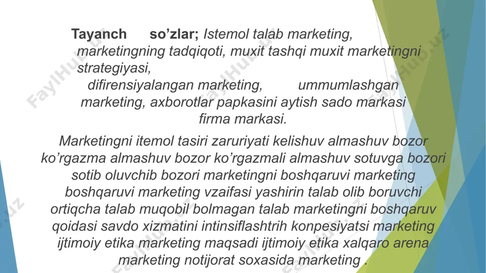 exnat unumdorliini oshirish asosida ishlab chiqarish ularning maxsulot borligiga kamaytrish bozorda talab va taklif asodida tashkil topadigan sotish narxlariniishlab chiqish xarajatlarni nisbatatan yuqori bo’lishi orqali korxona foydasini o’sib borishini taminlashga asoso bo’ladi. marketingni boshqaruv konspisyasi bozor jarayonini iqtisodiyoti munosabatlariga asoslangan subektlarini xuquiy va iqtisodiyt jixatdan ishlab mustaqil chiqarish subektlar tariqasida ishlab chiqarishni istemol bozorlarida taminlash ishlab chiqarish xarajatlarini qoplash vafoyda olishda ishlab chiqarishni tashkil etish va tovarlarni samarali istemol bozorlarida sotishni taminlash marketing boshqaruvini tashkil etish bog’liq. bu yerda ishlab chiqarish subekti tomonidan maqsad qilib olingan foydani istemol bozrida olish uchun bozor istemol da korxonalarni ishlab chiqarilgan maxsulotlari bilan qatnashuvlarini qanday tashkil etish masalasini o’rganish zarur. xulosa bozor iqtisodiyoti sharoitida marketing korxonalar va tashkilotlar faoliyatida hal qiluvchi ahamiyatga ega. u nafaqat mahsulotni sotish vositasi, balki bozorni o‘rganish, iste’molchi ehtiyojlarini aniqlash, raqobatda ustunlikka erishish va korxona barqarorligini ta’minlashning muhim omilidir. marketing yordamida korxonalar foydasini oshirish, yangi mahsulotlarni bozorga olib chiqish va …