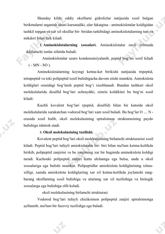 ab oksillar kuyidagicha bulinadi. 2. albuminlar - suvda eriydigan va ammoniy sulfatining tuyingan eritmasida erimaydigan oksillar guruxi. 3. globulinlar - suvda erimasligi va tuzli eritmalarda erishi bilan albuminlardan fark kiladigan oksillar. 4. prolaminlar - 60-80 % li spirtda eriydigan (kolgan oksillar bunda denaturatsiyaga uchraydi) usimliklarda uchraydigan oksillar guruxi. bunga misol kilib bugdoy gliadini, makkajuxori zeini, arpa gordeinini keltirish mumkin. 5. glyutelinlar - ishkor eritmasida eriydigan oksillar guruxi. gistonlar va protaminlar - ishkoriy oksillar, tarkibida kup mikdorda diaminomonokarbon kislotalar (argin va lizin) bor. bu oksillar nukleoproteidlar - murakkab oksillar tarkibiga kiradi. murakkab oksillar. ular oksil va oksil bulmagan kismlardan iborat. bu oksillarning sinflarga bulinishi oksilmas kismning kimyoviy tabiatiga asoslangan. 1) fosfoproteidlar. tarkibida kup mikdorda fosfat kislotasi bor. masalan, sut kazeini, tuxum sarigining vitellini, vitini va balikning ixtulini strukturali 2) glikoproteidlar. tarkibida aminokislotalardan tashkari uglevodlar bor. masalan, mutsin va mukoidlar. sulakning yukori kovushkokligi uning tarkibidagi mutsin mikdoriga bog‘lik. ovkat bulakchalari sulak tarkibidagi …