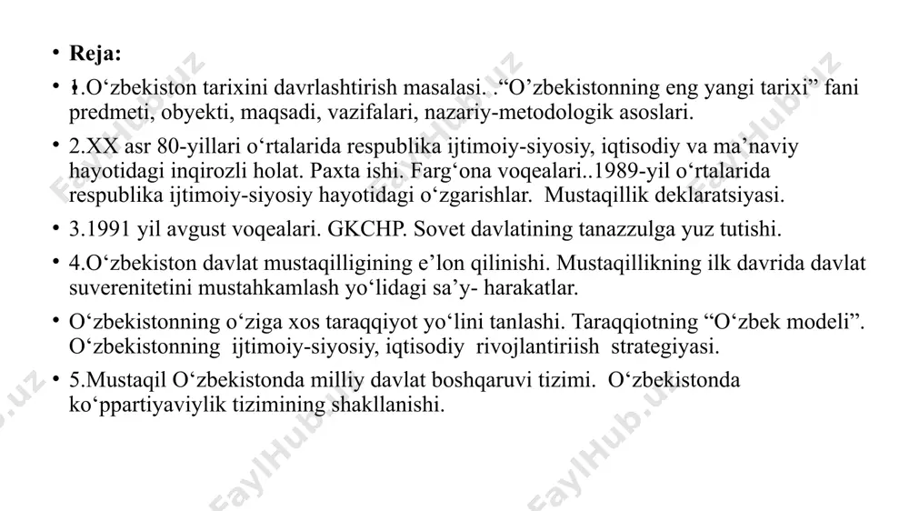 lik yillarida bosib o‘tgan yo‘lining mazmun-mohiyati va xususiyatlarini ob’yektiv baholagan holda mustaqillik davrini quyidagi ikki bosqichga bo‘lib o‘rganish maqsadga muvofiq bo‘lar edi. 1991–2016-yillar 2017-yildan keyingi yillar birinchi bosqich — 1989-1991-yillar. xx asr 80-yillari o‘rtalarida respublika ijtimoiy-siyosiy, iqtisodiy va ma’naviy hayotidagi inqirozli holat. i.a. karimovning respublika rahbari lavozimiga kelishi, o‘zbek tiliga davlat tili maqomini berilishi, «mustaqillik deklaratsiyasi» qabul qilinishi va uning tarixiy ahamiyati, 1991 yil avgust voqealari. sovet davlatining tanazzulga yuz tutishi kabi tarixiy voqealarni o‘z ichiga oladi. birinchi davr o‘z navbatida quyidagi bosqichlardan iborat: ikkinchi bosqich — 1991-yildan 2000-yilga qadir bo‘lgan davr. bu davrda milliy davlatchilik asoslari va ijtimoiy yo‘naltirilgan bozor iqtisodiyotini yuzaga keltirishga qaratilgan o‘tish davrining dastlabki islohotlar jarayoniga ilk qadamlar qo‘yildi. demokratik an’analar asosida yangi davlat boshqaruv tizimi – qonun chiqaruvchi, ijro etuvchi va sud hokimiyati tashkil etildi, hamda fuqarolik jamiyati asoslari yaratildi, erkin bozor iqtisodiyotiga o‘tila boshlandi. uchinchi bosqich — 2000 – 2010-yillar. 2000-yildan mamlakatda faol demokratik …