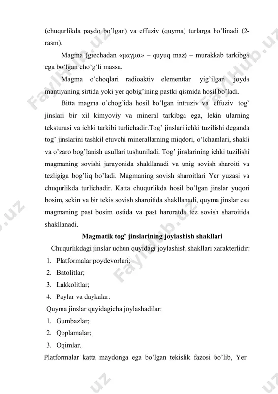 ayonida tog’ jinslari massivida yoriqlar paydo bo’ladi, bu yoriqlar massivni alohida bloklarga (bo’laklarga) ajratadi, ularning shakli magmaning quyilish sharoitlariga bog’liq. bloklarning shakllari quyidagicha bo’lishi mumkin: · matratssimon – chuqurlik jinslari uchun xarakterli; · ustunsimon – magmaning yer sirtiga quyilishi natijasida hosil bo’ladi; · bloklarning sharsimon shakli – jinslarning suv ostiga quyilishi natijasida hosil bo’ladi. yoriqlar tog’ massivlarini bo’shashtiradi, lekin ularga ishlov berishni ancha osonlashtiradi. portlatish ishlari va ishlov berish y nalishlarini tanlashda bloklar ko’rinishlarini hisobga olish kerak. magmatik tog’ jinslaridan qurilishda foydalanish magmatik tog’ jinslaridan asos sifatida foydalanish mumkin agar, tog’ jinslari massivida yoriqlar bo’lmasa; qurilish va bezak materiali siftida ishlatish mumkin. qurilishda, mayda shag’al (granit, siyenit), ishlov berish materiali (granit, siyenit, labradorit, gabbro), yo’l qoplamasi (diabaz, bazaltli lava); yengil va og’ir betonlarga qo’shimcha (porfirit, kvarsli porfir, bazaltli lava), issiqlikni ushlab turuvchi material (pemza) sifatida ishlatish mumkin. image1.png image2.png image3.png image4.png image5.png