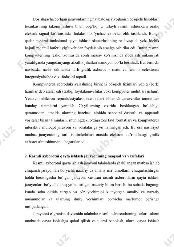 sifatini baholash bo’yicha bilim, malaka va ko’nikmalarga ega bo’ladilar. ushbu jarayon matbaa mahsulotlari ishlab chiqarish texnologiyalari orasida eng muhim jarayonlardan biri hisoblanadi. chunki bo’lajak nashrdagi tasvirlar sifatining shakllanishi aynan bosishgacha bo’lgan jarayonga, aniqroq qilib aytganda, rasmli axborotlarning qay darajada sifatli qayta ishlanganiga bog’liq. bu jarayonni chuqur o’rganish, shuningdek, bosish va bosishdan keyingi jarayonlar bo’yicha ham bilimlarga ega bo’lishni talab qiladi. chunki rasmli aslnus-xalarni qayta ishlash bosma qolip tayyorlash usuliga, bosma usuliga va uning qo’llanilayotgan variantiga, postpress ishlarini tashkil qilishga bog’liq. jarayon oldida turgan muammolar haqida fikr yuritiladigan bo’lsa, rasmli aslnusxaning turiga va qo’llanadigan bosma usuliga bog’liq holda rastrlash texnolo-giyasini to’g’ri tanlash, ranglarga ajratish texnologiyasini to’g’ri tanlash va ularni optimallashtirish kabi yo’nalishlarni ko’rsatish mumkin. 3. sifatga qo’yiladigan talablar reproduksiya sifatiga ta’rif berish oson emas. bunda nafaqat matnli axborotni to’g’ri va to’liq hosil qilish, balki rasm yoki butun sahifadan yaxshi vizual taassurot olish kerak. bunday baholash sub’ektivlik bilan bog’liq. bosma mahsulotining sifati …
