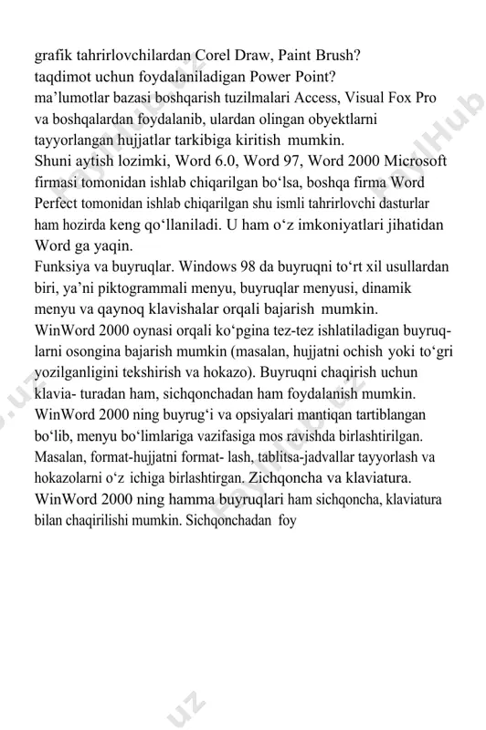 funksiya va buyruqlar. windows 98 da buyruqni to‘rt xil usullardan biri, ya’ni piktogrammali menyu, buyruqlar menyusi, dinamik menyu va qaynoq klavishalar orqali bajarish mumkin. winword 2000 oynasi orqali ko‘pgina tez-tez ishlatiladigan buyruq- larni osongina bajarish mumkin (masalan, hujjatni ochish yoki to‘gri yozilganligini tekshirish va hokazo). buyruqni chaqirish uchun klavia- turadan ham, sichqonchadan ham foydalanish mumkin. winword 2000 ning buyrug‘i va opsiyalari mantiqan tartiblangan bo‘lib, menyu bo‘limlariga vazifasiga mos ravishda birlashtirilgan. masalan, format-hujjatni format- lash, tablitsa-jadvallar tayyorlash va hokazolarni o‘z ichiga birlashtirgan. zichqoncha va klaviatura. winword 2000 ning hamma buyruqlari ham sichqoncha, klaviatura bilan chaqirilishi mumkin. sichqonchadan foy dalanish dastur bilan ishlashni ancha osonlashtiradi. qoidaga ko‘ra buyruq- ni chaqirish uchun sichqonchaning chap klavishasi ishlatiladi, u orqali belgilash, bajarish va obyektni ko‘chirish kabi buyruqlarni bajarish mumkin. winword 2000 da ishlash jarayonida sichqoncha va kiritish ko‘rsatkichini farqlash zarur. matn kiritish ko‘rsatkichi turgan joydan boshlab kiritiladi, uni esa ko‘rsatkichni boshqarish klavishalari yoki sichqoncha orqali …