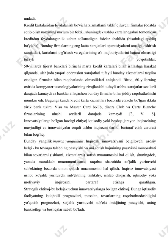 osabati bilan tovarlarni (ishlarni, xizmatlarni) sotish muammosini hal qilish, shuningdek, yanada murakkab muammoni-qattiq raqobat sharoitida xo'jalik yurituvchi sub'ektning bozorda omon qolish muammosini hal qilish. inqiroz innovatsiyasi ushbu xo'jalik yurituvchi sub'ektning tashkiliy, ishlab chiqarish, iqtisodiy yoki moliyaviy inqirozini bartaraf etishga qaratilgan. strategik ehtiyoj-bu kelajak uchun innovatsiyalarga bo'lgan ehtiyoj. bunga iqtisodiy faoliyatning istiqbolli prognozlari, masalan, tovarlarning raqobatbardoshligini yo'qotish prognozlari, xo'jalik yurituvchi sub'ekt imidjining pasayishi, uning bankrotligi va boshqalar sabab bo'ladi. bunday yangilik rivojlanish innovatsiyasidir. innovatsiyalarning tasnifi sek. 1. (qarang: adj.). innovatsiyalarning tasniflash sxemasi innovatsiyalarning turi va shaklini o'z ichiga oladi. innovatsiya turi-bu innovatsiyalar guruhini boshqa guruhlardan ajratib olishga imkon beradigan ma'lum belgilar (belgilar) bo'yicha yagona guruhga birlashtirilgan individual innovatsiyalar to'plami. masalan, maqsadli asosda ajratilgan innovatsiyalarda innovatsiyalarning turlari inqiroz innovatsiyasi va rivojlanish innovatsiyasidir; tashqi asosda ajratilgan innovatsiyalarda innovatsiyalarning turlari mahsulot va operatsiya va boshqalar. nnovatsiyalarning bir turi innovatsiyalarning turli shakllarini o'z ichiga oladi. innovatsiya shakli-bu mavjudlikning yagona usuli yoki har qanday yangilikning yagona …