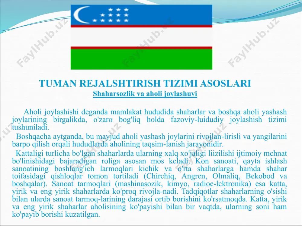 lan mehnatning taqsimlanishi - hunarmandchilik va savdo sohasidan qishloq xo'jaligining ajralishi jarayoni aholi joylashishining ikkita turi -shahar va qishloq turini vujudga keltirdi. hozirgi kunda ham aholi joylashishining ikkita asosiy turini ajratish mumkin: - shahar turi - shaharlar va shahar turidagi qishloqlarning vujudga kelishi va rivojlanishi bilan bog'liq; - qishloq turi - turli qishloq aholi yashash joylarining rivojlanishi bilan bog'liq. har bir asosiy ko'rinish ichida iqtisodiy, tabiiy, demografik va boshqa o'ziga xos sharoitlarga bog'liq bir qator turlarni ajratish mumkin. aholi joylashishining shahar ko'rinishi ichida aholining eng yirik, yirik va katta shaharlarda to'planishi bilan ajratib turadigan jamlangan yoki zichlashgan (консентрированный) turi hamda aholining ko'pchilik qismi o'rta, kichik shahar va shahar turidagi qishloq joylariga tarqalgan (дисперсный) turlari bo'ladi. aholi yashash joylarining guruhli tizimida (agt) esa, ular guruh lashkil etadilar. bir-birlari bilan rivojlangan kommunikatsiya turi turg'un funksional aloqalar bilan bog'langandir. bu bir-birlari bilan rivojlangan hududiy ishlab chiqarish aloqalari, umumiy muhandislik infrastrukturali, ijtimoiy-madaniy, xizmat ko'rsatish …