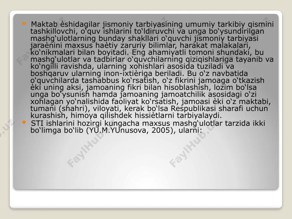tarbiya bayramlari, kechalari, o‘quv kuni tarkibidagi jismoniy mashqlar bilan shug‘ullanish mashg‘ulotlari deb stining boshqa qator ommaviy shakllarini chetda qoldirganlar. biz farg‘ona vodiysi umumiy taolim maktablarining ko‘p yillik ish tajribalari, maxsus adabiѐtlardagi nazariy, amaliy maolumotlar asosida stining 4 ta yirik blokdagi ishlar tarzida tashkillash, o‘quvchi jismoniy tarbiyasini samaradorligiga ahamiyatli darajada taosir qilishini o‘z tajribalarimiz sinovdan o‘tkazdik. stining hozirgi kunda amaliѐtda keng foydalanilaѐtgan shakllari 1-chizmada berilgan (1-chizmaga qaralsin). maktab jismoniy tarbiya jamoasi (mjtj)ning jamoatchi organlari va ularning ishi mazmuni maktab jismoniy tarbiya jamoasi bu o‘quvchilar jismoniy tarbiyasini amalga oshirishda maktab va oilaga ѐrdam beradigan o‘quvchilarning ko‘ngilli, o‘zlarining xohishi va tashabbusi bilan faoliyat ko‘rsatadigan jamoatchilikka asoslangan tashkilotidir. mjtj faoliyatini to‘g‘ri tashkillash maktabda sinfdan tashqari ishlarni keng ko‘lamda amalga oshirishga imkon beradi, o‘quvchilarni ijtimoiy foydali faoliyat va jismoniy mashqlar bilan tizimli shug‘ullanish mashg‘ulotlariga qatnashishga odatni shakllantiradi. ijtimoiy ahamiyatga molik vazifalarni hal etishga qodir jamoaga o‘quvchilarni birlashuvini o‘zi katta tarbiyaviy ahamiyatga ega. o‘z faoliyatini foydaliligini …