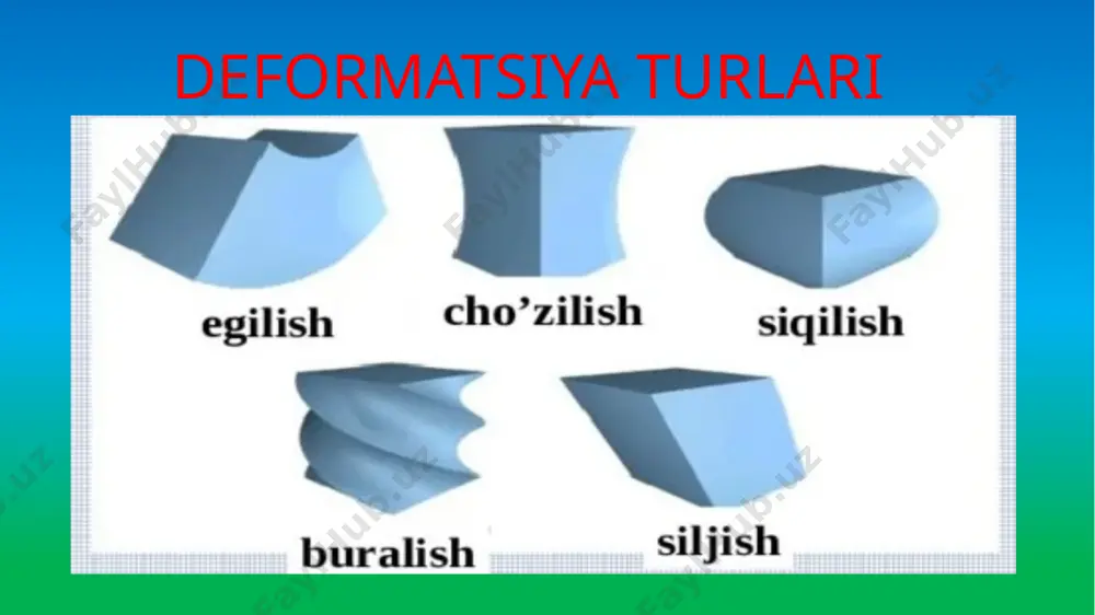 nni 1660-yilda ingliz olimi robert guk kashf etgan. shuning uchun bu qonun guk qonuni deb ataladi. guk qonunidagi k –bikrlik turli jismlar uchun turlichadir, sterjin uzunligi l, ko’ndalang kesim yuza s bo’lsa , bikrlik quyidagicha ifodalanadi k= e e- har xil jismlar uchun turlicha bo’lgan elastiklik moduli.(jadvaldan olinadi) (eslatma: siljishnδl yoki rasmdagidek x bilan belgilanadi) guk qonuni masala1: 10n kuch ta’sirida 5sm ga uzaygan prujinaning bikrligini toping? berilgan: ft=10n δl=5sm=0,05m topish kerak: k=? formulasi: ft = k δl k= yechilishi: k= = =200 masala2: traktor tros bilan mashinani 2kn kuch bilan tortsa , tross qanchaga uzayadi? (trosning bikrligi 105n/m) berilgan: ft=2kn=2000n=2∙103n k=105n/m topish kerak: δl=? formulasi: ft = k δl δl = yechilishi: δl = = 2∙10-2m=2sm e’tiboringiz uchun katta raxmat! image1.tmp image2.tmp image3.tmp image4.tmp image5.tmp image6.tmp image7.tmp image8.tmp image9.png image9.tmp image10.tmp image11.png image11.tmp image14.png image12.tmp image13.tmp image17.png image15.png /docprops/thumbnail.jpeg