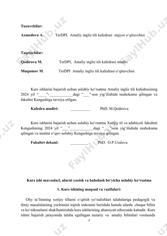 maʼruza, tajriba va amaliy mashg‘ulotlarda olgan nazariy va amaliy bilimlarini mustahkamlash, chuqurlashtirish, umumlashtirish va mazkur bilimlarni xorijiy tillarni o‘qitish, tilshunoslik va adabiyotshunoslik sohasidagi dolzarb masalalarni zamon talablari asosida yechishda qo‘llashdir. kurs ishlarini bajarish orqali talabalar keyingi yanada jiddiyroq ilmiy - pedagogik muammolar bilan shug‘ullanishga - malakaviy bitiruv ishlarni, magistrlik dissertatsiyalarini bajarishga tayyorlanadi. shu bilan bir qatorda kurs ishi talabalarda davlat taʼlim standartlari, soha bo‘yicha meʼyoriy hujjatlar, maʼlumotnomalar, respublikamizda olib borilayotgan ilmiy tadqiqot yo’nalishlari, yo‘riqnomalar va muqaddam egallangan tajribalardan va ilmiy manbalardan foydalanish ko‘nikmasini shakllantiradi. shuningdek, kurs ishi talabalarda mustaqil fikrlashga o‘rgatish, mustaqil ijodiy ishlash, ilmiy manbalarni izlash, mavzuga doir materiallar yig‘ish, qayta ishlash va saqlash uchun zamonaviy kompyuter va axborot texnologiyalaridan foydalana olish va kurs ishlarini rasmiylashtirish ko‘nikmalarini shakllantiradi. demak, kurs ishlari ilmiy tadqiqot ishlarining birinchi qadami, yaʼni debochasidir. kurs ishining asosiy vazifalari: · talabalarning maʼruza va amaliy mashg‘ulotlarda, mustaqil faoliyatda olingan nazariy bilimlari va amaliy ko‘nikmalarini kurs ishilarni bajarishda …