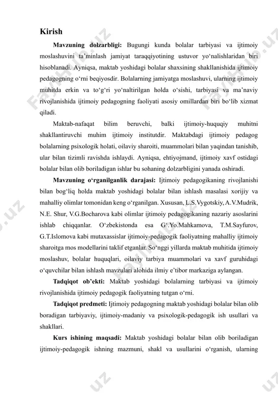 alanilgan adabiyotlar ro‘yxati va ilovalardan iborat. i. bob. ijtimoiy pedagogik faoliyatning nazariy asoslari. 1.1. ijtimoiy pedagogika fani va uning asosiy tushunchalari. ijtimoiy pedaogika tushunchasining mohiyati. ijtimoiy pedagogikaning fan sifatidagi ta’rifi bir qator baxs-munozaralarga sabab boʻlmoqda. yaxshi ma’lumki, har qanday fan bilim sohasi sifatida nazariya va amaliyotning birligi sifatida faoliyat yuritadi. bu ikki soha doimo bir-birini to‘ldirib keladi va voqelikning mukammallashuviga o‘z ta’sirini ko‘rsatadi. demak, biz ijtimoiy pedagogikani ham fan va amaliy faoliyat sohasi sifatida oʻrganishimiz lozim. bundan tashqari ijtimoiy pedagogika koʻpgina boshqa fanlar (falsafa, matematika, biologiya) kabi oʻquv fani boʻlib ham xizmat qilishi mumkin. oʻzbekiston tarixiy pedagogik an’analarga ega davlatdir. sharq mutafakkirlari va diniy arboblarining asarlarida ijtimoiy pedagogika fanining rivojlanishiga asos bo‘ladigan g‘oyalar mavjuddir. xix asrda o‘zbek ma’rifatparvarlari, xx asrdagi novator pedagoglarining ijtimoiy tarbiya sohasidagi faoliyati ijtimoiy pedagogika uchun boy materiallar manbai hisoblanadi. biroq ma’lum bir davrda ijtimoiy pedagogikaning mdh hududidagi tadrijiy rivojlanishi toʻxtatib qoʻyildi. ijtimoiy pedagogikaning tiklanishi faqatgina xx …