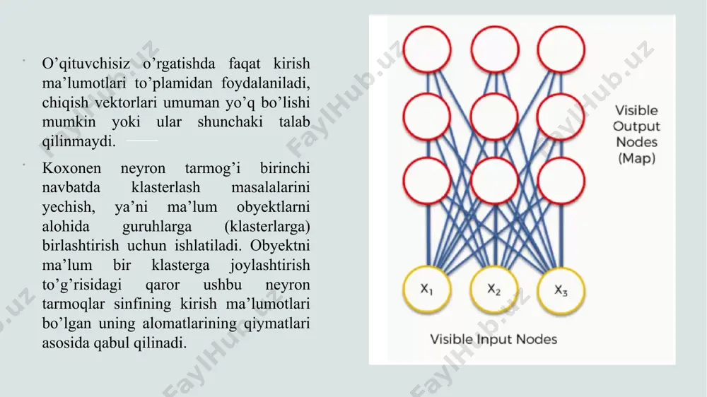 i. dastlab tarmoq strukturasi noma'lum parametr bo'lgan ikkinchi holatga o'tamiz. ya'ni, chiqish neyronlari yo'q, keyin biz quyidagi mexanizmga muvofiq harakat qilamiz. boshlanish nuqtasi r0 evklid masofasining ma'lum bir qiymati bo'lib, u g'olib neyrondan kirish vektoriga maksimal ruxsat etilgan masofaga to'g'ri keladi. elementlardan biri tarmoq kiritishiga xuddi shunday tarzda beriladi, ya'ni o'quv namunasidan kirish vektorining atributlari-koordinatalari. yuqorida tavsiflangan holatda bo'lgani kabi, ushbu vektordan mavjud chiqish neyronlarining har biriga evklid masofalari hisoblab chiqiladi: olingan qiymatlarning minimali topiladi va g'olib chiqish neyroni aniqlanadi. bu rk qiymati va shunga mos ravishda g'olib neyron (k) bo'lsin. agar rk≤r0 munosabati qanoatlansa, g'olib neyronning (k) ulanish og'irliklari xuddi shu formula bo'yicha o'rnatiladi: wiknew​=wikold​+η(s)(xi​−wikold​) farqi qarama-qarshi holat uchun, ya'ni rk1>r0 bo'lganda kuzatiladi. bunday holda, neyron tarmoqqa yangi chiqish neyroni qo'shiladi. va uning og'irlik koeffitsientlari biz tarmoq kiritishiga kiritgan joriy kirish vektoriga teng ravishda o'rnatiladi bundan mantiqan kelib chiqadiki, mashg'ulotning birinchi iteratsiyasida har qanday holatda ham chiqish neyroni qo'shiladi, …