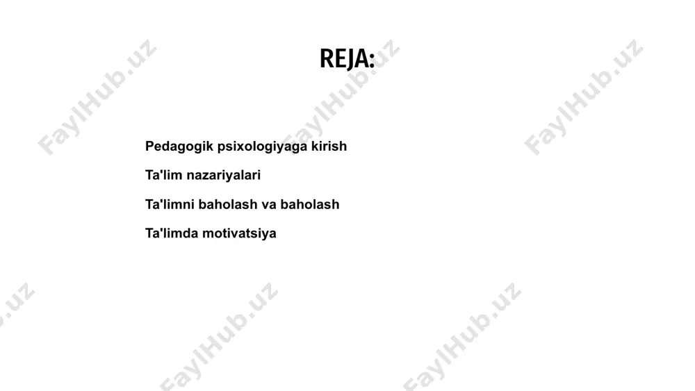 ng samaradorligini o'lchashga yordam beradigan muhim komponentlardir. baholash talabaning faoliyati va muvaffaqiyati haqida ma'lumot to'plashni o'z ichiga oladi, baholash esa o'qitish bo'yicha asosli qarorlar qabul qilish uchun ushbu ma'lumotlarni tahlil qilish va sharhlashni o'z ichiga oladi. har ikkala jarayon ham ta’lim sifatini oshirish va talabalar muvaffaqiyatini rag‘batlantirish uchun juda muhimdir. doimiy baholash va baholash orqali o'qituvchilar o'quvchilarning o'rganishidagi kuchli va zaif tomonlarini aniqlashlari, individual ehtiyojlarni qondirish uchun o'qitishni moslashtirishlari va vaqt o'tishi bilan taraqqiyotni kuzatishlari mumkin. dalillarga asoslangan strategiyalardan foydalangan holda, ta'lim psixologiyasi turli xil ta'lim sharoitlarida o'qitish va o'qitish natijalarini yaxshilaydi. salavha ta'lim psixologiyasi ta'limdagi motivatsiyani tushunishda hal qiluvchi rol o'ynaydi. u talabalarni akademik sharoitda o'rganish va muvaffaqiyatga undaydigan omillarni o'rganadi. 1 ta'lim motivatsiyasiga turli xil tashqi va ichki omillar ta'sir ko'rsatadi. o'qituvchilar talabalarning qiziqishlari va qobiliyatlariga moslashtirilgan qiziqarli darslarni taklif qilish orqali rag'batlantiruvchi o'quv muhitini yaratishi mumkin. 3 ta'limdagi motivatsiyani tushunish o'qituvchilarga o'quvchilarning turli ehtiyojlarini qondiradigan va o'quv …