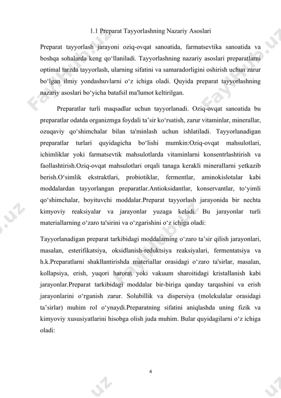 rishda materiallar orasidagi o‘zaro ta'sirlar, masalan, kollapsiya, erish, yuqori harorat yoki vakuum sharoitidagi kristallanish kabi jarayonlar.preparat tarkibidagi moddalar bir-biriga qanday tarqashini va erish jarayonlarini o‘rganish zarur. solubillik va dispersiya (molekulalar orasidagi ta’sirlar) muhim rol o‘ynaydi.preparatning sifatini aniqlashda uning fizik va kimyoviy xususiyatlarini hisobga olish juda muhim. bular quyidagilarni o‘z ichiga oladi: ph va kislotali muhit: preparatning ph darajasi uning kimyoviy tarkibi va barqarorligini aniqlaydi. ba’zi preparatlar kislotali yoki alkalin muhitda barqaror bo‘ladi, boshqalari esa faqat neytral phda samarali bo‘ladi. temperatura va bosim sharoitlari: preparatlarni tayyorlash jarayonida temperaturaning va bosimning ta’siri. ko‘pgina kimyoviy reaksiyalar, ayniqsa, fermentatsiya va kristallanish jarayonlari uchun maxsus harorat va bosim sharoitlari talab etiladi.preparatning amorf (tuzilmasiz) yoki kristall holatda bo‘lishi, uning saqlash va ishlov berish xususiyatlariga ta’sir ko‘rsatadi. masalan, vitaminlar ko‘pincha amorf holatda barqaror bo‘ladi, ba'zi minerallar esa kristall shaklida samarali.preparatlarning biologik faoliyatini baholashda quyidagi jarayonlar nazarda tutiladi: preparatlarning organizmga ta'siri, masalan, vitaminlar, minerallar yoki boshqa ozuqaviy moddalar …