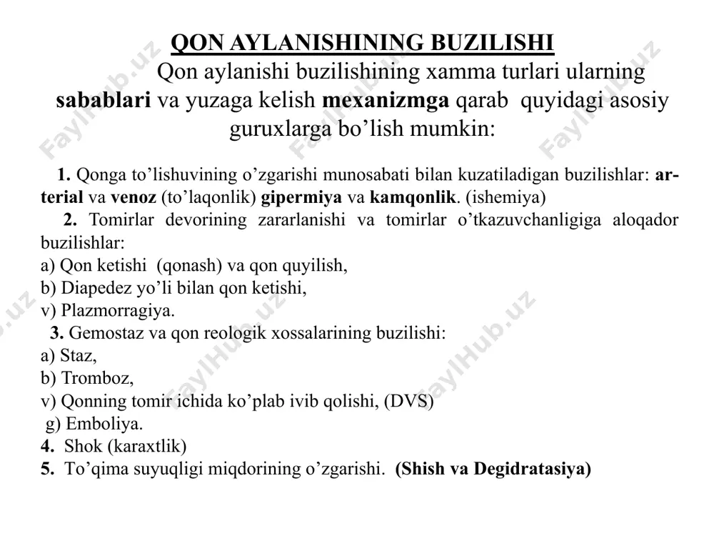 distrofik, nekrobiotik o’zgarishlar glikogen yo’qolishi fermentlar faolligini pasayishi mitoxondriyani destruksiyasi surunkali parenximatoz elementlarni atrofiyasi sklerozi giperimiya arterial giperemiya qonning arterial sistemadan oqib ketishi odatdagicha, normal darajada saqlqnib qolgani xolda unga qon kelishi ko`paygan sharoitlarda boshlanadi. sabablariga ko’ra ishemiyani turlari. angiospastik (reflektor) (masalan: adrenalin ta’sirida) obturasionli tromb, embollar, aterosklerotik pilakchalar tiqilishi natijasida kompressionli arteriyani sababi: o’sma, suyuqlik, jgut ligatura bilan bosilib qolish natijasida ro’y beradi qonni qayta taqsimlashish natijasida kelib chiqadi. misol; assit suyuqligi qorin bo’shlig’idan tez chiqarilib tashlanganda bosh miyada kuzatiladi (gipoksiya) oqibati: uzoq davom etsa –distrofik o’zgarishlar va xatto ishemiya nekroz (infarkt) kuzatiladi. umumiy venoz to’laqonlik o’pka – yurak yetishmovchiligini morfologiyasi bilan ifodalanadi. moxiyati umumiy qon aylanish doirasida qon xajmini qayta taqsimlanishi katta qon aylanishi doirasini venoz qismida to’planadi va arterial qismida esa kamayadi. venoz to’laqonlikni umumiy sabablari: i. yurak faoliyatini buzilishi tufayli ii. o’pka kasalliklari tufayli iii. ko’krak qafasini, plevrani va diafragmani shikastlanishi tufayli klinik kechishi bo’yicha o’tkir …