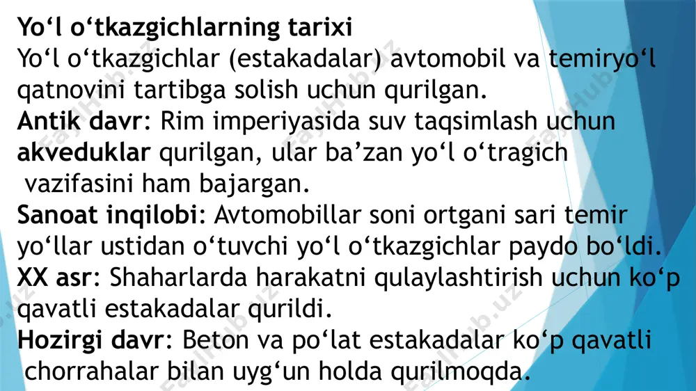 3. qurilish jarayoni tayanch poydevorlarini qurish: ko‘prik ustunlari yoki tayanch qismi mustahkam tuproqqa joylashtiriladi. to‘sin va konstruksiyalarni o‘rnatish: prefabrik yoki joyida qurilgan elementlar birlashtiriladi. yuqori qoplama va yo‘l qatlami: avtomobil yoki temir yo‘l uchun maxsus qoplamalar yotqiziladi. tunnellarni loyihalash va qurish 1. loyihalash bosqichi tunnellar qurishda quyidagilar hisobga olinadi: tuproq va geologik sharoitlar: tog‘ jinslari, yerosti suvlari, seysmik xavf. ventilyatsiya va xavfsizlik: shamollatish tizimi, yong‘in xavfsizligi, avariya chiqish yo‘llari. funktsional maqsadi: avtomobil, temir yo‘l, metro yoki gidrotexnik tunnel. 2. qurilish usullari ochıq usul (cut and cover) – yer qazilib, tunnel quriladi, so‘ngra usti yopiladi. tunnellar qazish mashinasi (tbm) – maxsus mexanizmlar yordamida yer ostidan burg‘ilanadi. portlatish usuli – tog‘ jinslarida tunnel ochish uchun ishlatiladi. 3. muhim omillar mustahkamlash: beton panellar yoki temir konstruktsiyalar bilan devorlar mustahkamlanadi. suvga chidamlilik: suv bosimiga qarshi maxsus qatlamlar va drenaj tizimlari o‘rnatiladi. yoritish va shamollatish: optimal sharoit yaratish uchun tizimlar o‘rnatiladi. ko‘prik va tunnel qurilishi …