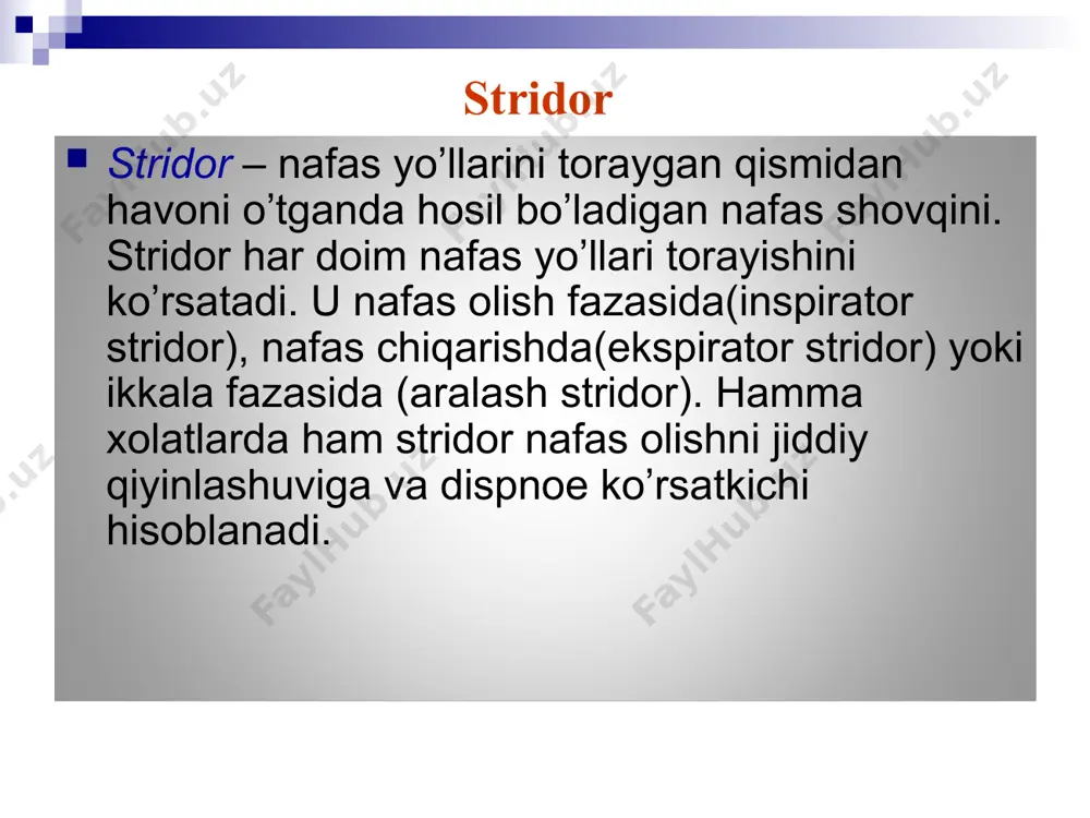 n miqdorini kamayishi – anoksimik gipiksiya. nafas mushaklari shikasti, havoni nafas yo’llari orqali o’tishi buzilishi, obstruksiya, kislorod diffuziyasini buzilishi. alveolalarni tortilishi hisobiga kapillyar qon bilan ta’minlanmaslik. ny tiplari obstruktiv tip bronx va bronxiollar bo’shligini torayishi, shilliq qavatini shishi, silliq mushaklar spazmi, o’rta nafas yo’llari obstruksiyasi. restriktiv tip o’pkalarni kengayish va torayish funkisyasi biuzilishi xisobiga, pnevmasklerozda, plevrada xavo yoki suyuqlik bo’lganda, qovurg’alar jaroxati, nafas mushaklariga oid. aralash tip, u yoki bu formasini birga kelishi.
