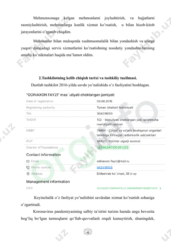 nsi o’z faoliyati 01.09.2023 yil sanasidan andijon viloyati. andijon shahar b.mashrab (bobur shoh)ko’chasi 38 b uy manzilida qozaqov raxmatillo maxammadyaqibovich tomonidan tashkil etilgan. korxona 9 kishini ish bilan ta’minlagan. korxona ma’lumotlari: manzil: o’zbekiston, andijon viloyati, andijon shahar, b.mashrab (bobur shoh)ko’chasi 38 b uy. faoliyati: mehmonxona xo’jaligi bo’limlar soni– 5 korxona rahbari: qozaqov raxmatillo maxammadyaqibovich. “odinaxon fayzi” mchjga qarashli “uzbechka” mehmonxonsi 01.09.2023-yiladan buyon o’z faoliyatini yuritib kelmoqda. bu o’tkan vaqt davomida ““odinaxon fayzi” mchjga qarashli “uzbechka” mehmonxonsi” mamlakatimiz aholisi, chet el fuqorolari uchun beminat hizmat ko’rsatib kelmoqda va buning asosida o’z imijiga ega mehmonhonaga aylanmoqda.. bundan tashqari, “uzbechka” mehmonxonasi 3 qavat 34 xona va 48 kishiga mo'ljallangan, mehmonxonada ovqatlanish zali, billiard maydoni,kir yuvish xonasi va avtomobillar uchun avtoturargoh mavjud. bepul wi-fi mavjud.. “uzbechka”da har bir xonada shkaf mavjud. barcha xonalar konditsioner, tekis ekranli televizor va seyf bilan jihozlangan. ingliz va rus tilini biladigan administrator xodimlari har doim mehmonlarga yordam berishga tayyor. …