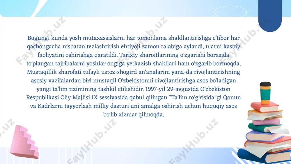 stozning shaxsiy namuna ko‘rsatishi shogirdni kasbga mehr qo‘yishga undaydi. ilm olish va kasbiy mahoratni rivojlantirishga rag‘bat beradi. ustoz-shogird munosabatlarining asosiy tamoyillari: hurmat va eʼtibor: ustoz shogirdning qiziqishlari, saviyasi va ehtiyojlarini inobatga olishi kerak. individual yondashuv: shogirdning shaxsiy xususiyatlariga mos tarzda taʼlim va tarbiya berish. ilmiy va amaliy muvozanat: nazariya va amaliy faoliyatni uyg‘unlashtirish. doimiy muloqot: ochiq va konstruktiv suhbat orqali tajriba almashish. hozirgi davrda ustoz-shogird anʼanalarining rivoji: zamonaviy texnologiyalardan foydalanish: onlayn darslar, vebinarlar va masofaviy taʼlim orqali ustoz va shogird o‘rtasidagi aloqalar kengaymoqda. mentorlik dasturlari: kasbiy rivojlanishda ustozning shogirdga qo‘llab-quvvatlovchi rolini kengaytiradi. ilmiy va tadqiqot loyihalari: ustoz va shogird birgalikda ilmiy tadqiqotlar olib borib, hamkorlikni mustahkamlaydi. e’tiboriz uchun rahmat! image1.jpeg image10.png image11.png image2.png image3.svg image4.png image5.svg image6.png image7.svg image8.png image9.svg image12.png image13.png image14.png image15.png image16.png image17.png image18.png image21.png image19.png image20.png image22.png image23.png /docprops/thumbnail.jpeg