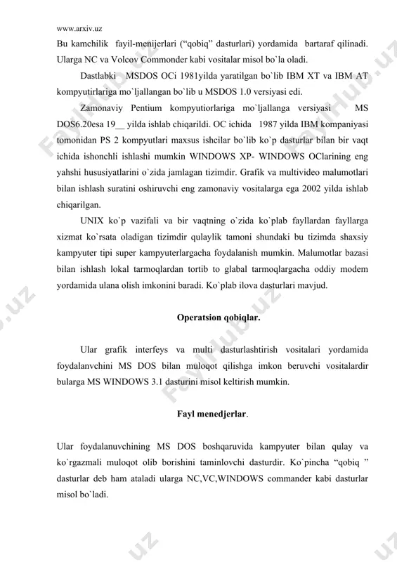 an sichqoncha o`rtasidagi muloqotni tayyorlaydi. utilitlar. utilitlarga arxivlash, formatlash vositalari anti viruslar deagnostika vositalari optemallash vositalari komunikatsya vositalari xtirani boshqaruvchi vositari misol keltirish mumkin. arxivlash vositalari yoki arxivatorlar-maxsus usullar yordamida fayl xajmini qisib kichraytirishga ularning arxivlarini xosil qilishga xizmat qiluvchi vositalardir. arxivlangan fayllar birqancha qulayliklarga ega masalan: ularga maxsus kapyuter viruslarning 90% dan ko`prog`i ta`sir etolmaydi. matnli fayllar xajmi 50-60% qisqaradi. ularni boshqa foydalanuvchilardan ximoya qilishning samarali usullari .zamonaviy arxivatorlarga pkzip, arj, pak, rar, winrar, winzip, kabi dasturlarni misol keltirish mumkin. formatlash vositalari. ma`lumot yozishdan oldin disclar satrlari sektorlarga sektorlar esa klasterlarga klasterlar esa ma`lumotlar yoziladigan yo`lakchalarga bo`linadi. shundan keyin disklar ishchi xotiraga keladi bu esa ma`lumotlarning disda optimal xamda zarur payti kerakli ma`lumotlarni tezda izlab topishga imkon beradi disklar satxlarini shunday sektor va klasterlarga bo`lish diskni formatlash deyiladi va bu jarayonni maxsus dasturlar yordamida bajariladi. formatlangan 3.5 diyumlik disketada 18 sektor va 80 yo`lak bo`ladi bitta sektorning yo`lklari sig`imi …