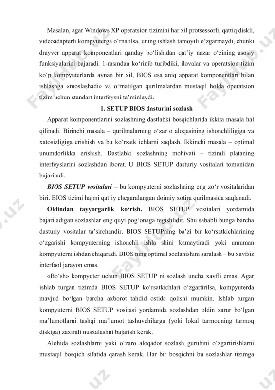 ozlashlar tizimga qanday ta’sir ko‘rsatganini tekshirish bilan tugatish lozim. ba’zi bir o‘zgartirishlarning oqibatlari darhol ko‘rinmaydi. o‘zgartirishlar haqidagi protokolni bir necha kun saqlash maqsadga muvofiq bo‘ladi. agar muammolar hosil bo‘lsa, ularni ma’lum joyda to‘xtatish va tuzatish imkoni bo‘ladi. bios setup interfeysi. setup vositalarini faollashtirish uchun kompyuterni yuklashning dastlabki bosqichida klaviaturadan aniq bir tugmani (ko‘pincha delete tugmasini) bosish kerak. uni kompyuter o‘zini testlayotgan vaqtda bosish qulaydir. setup vositasi interfeysi ko‘p pog‘onali menyu ko‘rinishida bajarilgan (2-rasm). uning oyna ko‘rinishi bios versiyasiga bog‘liq. yuqori pog‘ona menyusining bandlari kursorni boshqarish tugmalari bilan tanlanadi. enter tugmasini bosganda aniq sozlashlarni va 2-rasm. bios setup dasturining asosiy menyusi. navbatdagi pog‘onaning menyusini saqlagan keyingi pog‘onaning menyusi ochiladi. ko‘rsatkichlarning qiymati page up va page down tugmalari yordamida o‘zgartiriladi, yuqori pog‘onaning menyusiga qaytish uchun esa esc tugmasidan foydalaniladi. yuqori pog‘onadagi menyu tarkibiga standart sozlashlarni saralash va ularni saqlashni (yoki uni rad etishni) ta’minlovchi buyruqlar kiradi. bu buyruqlarni tasdiqlash uchun y tugmasini, …