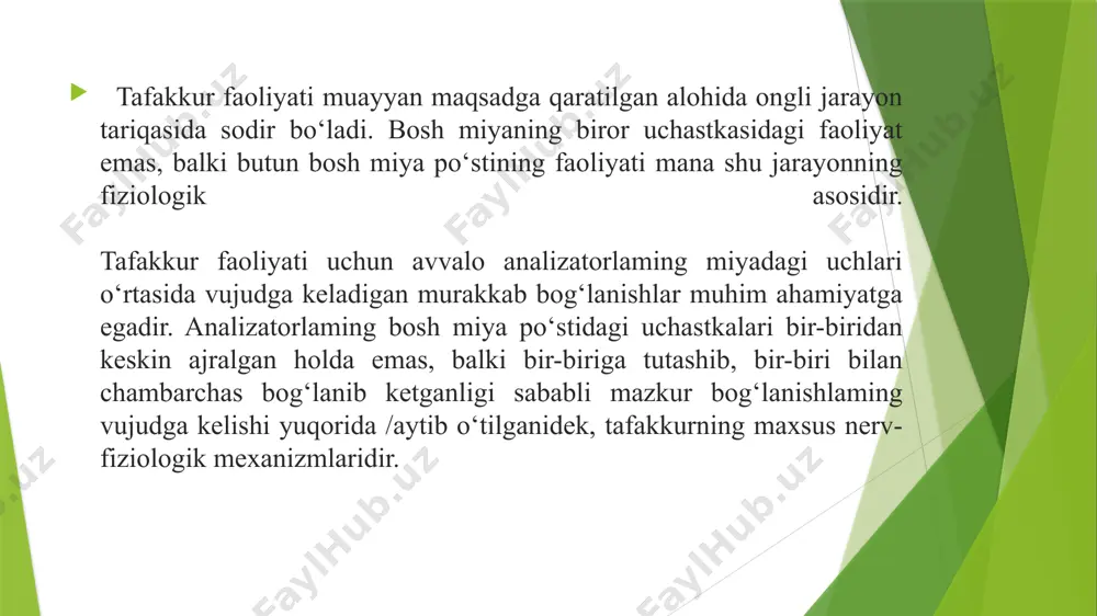 odisalardagi xossa, belgi, xususiyat, alomatlarini topish va shu umumiylik asosida ularni birlashtirish tushuniladi. masalan, qish, bahor, yoz, kuz “fasl” degan tushuncha orqali ifodalanadi. o‘smir, o‘spirin, yetuklik, keksa “yosh davrlari” degan tushuncha ifodalanadi. klassifikatsiyalash – bir turkum ichidagi narsalarning bir-biriga o‘xshashligiga va boshqa turkumdagi narsalardan farq qilishiga qarab, narsalarni turkumlarga ajratish tizimi klassifikatsiya deb ataladi. masalan, adabiyot, tarix, psixologiya – gumanitar fanlari, falsafa, iqtisod, huquq – ijtimoiy fanlar, matematika, informatika, fizika – aniq fanlar. sistemalashtirish – ayrim narsalar, faktlar, hodisa va fikrlar muayyan tartibda makondagi, vaqtdagi tutgan o‘rniga qarab yoki mantiqiy tartibda joylashtiriladi. masalan, mebellarning xonadagi joylashtirilishi makoniy sistema hisoblanadi. o‘tmishdagi voqealarning xronologik tartibda joylashtirilishi shu voqealarning vaqtiga qarab sistemaga solishning namunasi bo‘la oladi. matematika, falsafa, mantiqqa doir darsliklarda ilmiy materiallarning joylashtirilishi mantiqiy sistema hisoblanadi. tafakkur turlari: ko‘rgazmali harakat, ko‘rgazmali obraz, ixtiyoriy(analitik), ixtiyorsiz(intuitiv), ijodiy ko‘rgazmali harakatli tafakkur yosh bolalarda kuchli bo‘ladi. bu amaliyot bilan bevosita bog‘liq. masalan: o‘yinchoqlarni solishtiradi, qismlarga ajratadi, …