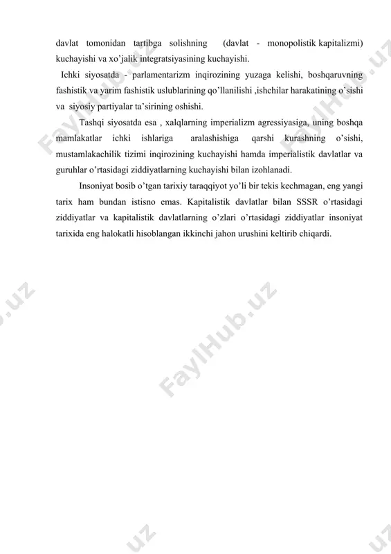 ham bundan mustasno bo’lmadi. g’olib antanta bilan mag’lub buyuk britaniya o’rtasida imzolanadigan tinchlik shartnomasining matnini tuzish uchun fransiya poytaxti parij shahriga 27 davlat delegatsiyasi to’plandi. ular versal saroyida imzolangan tinchlik shartnomasini ishlab chiqish ustida bir yil ishladilar. v. vilsonning «14 moddasi» asosida versal saroyida 5 ta davlat (germaniya, avstriya, vengriya, bolgariya va turkiya) bilan imzolanadigan 5 ta shartnoma matni tayyorlandi. shu 5 ta shartnoma birgalikda «versal tizimi» deb ataldi. buyuk davlatlarning osiyo va tinch okean havzasidagi munosabatlarini tartibga solish maqsadida 1921 – 1922 - yillarda vashington shahrida 9 ta davlat ishtirokida konferensiya o’tkazildi. bu konferensiyada uchta shartnoma imzolandi. shu tariqa versal - vashington tizimi nomi tarixda qoldi[footnoteref:1]. [1: internet ma’lumotlari . ref.uz. ] fransiya bosh vaziri jorj klemanso tinchlik shartnomasi shartlarini ishlab chiqish bo’yicha xalqaro konferensiyaning parij shahrida o’tkazilishini qattiq turib himoya qildi, va nihoyat, u o’z maqsadiga erishdi. parij konferensiyasi 1919 -yilning 18 - yanvar kuni o’z ishini boshladi. …