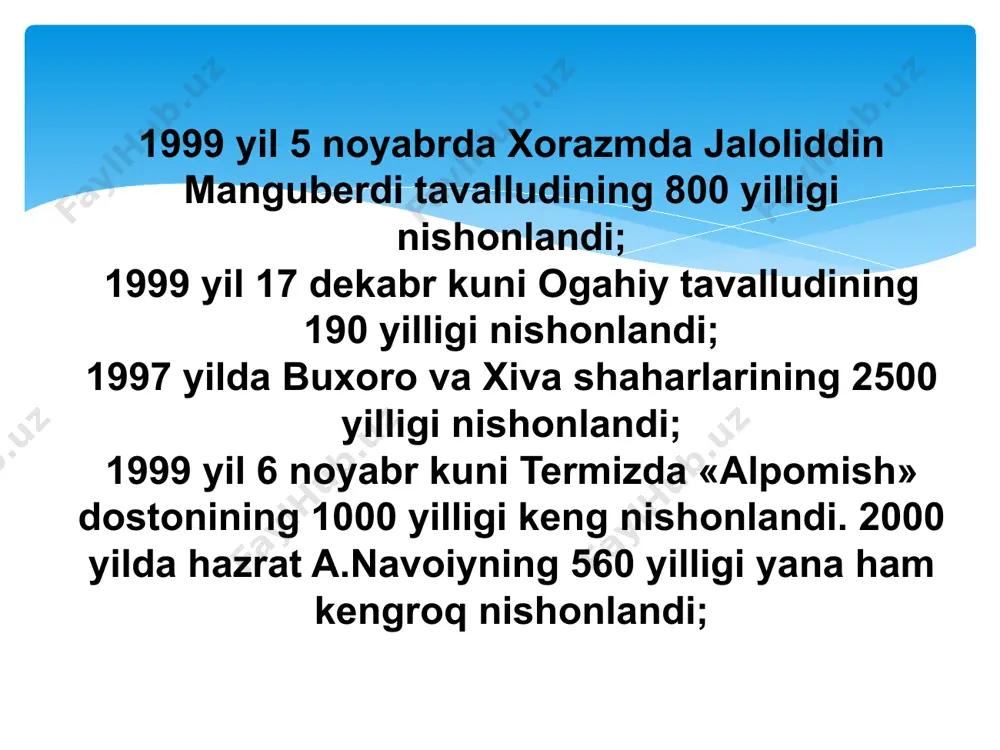 turlarda amalga oshirilishi belgilab berildi: maktabgacha ta'lim, umumiy o‘rta ta'lim, o‘rta maxsus, kasb-hunar ta'limi, oliy ta'lim, oliy o‘quv yurtidan keyingi ta'lim, kadrlar malakasini oshirish va ularni qayta tayyorlash, maktabdan tashqari ta'lim. 2002 yili buyuk britaniyaning xalqaro vestminster va g.v. plexanov nomidagi rossiya iqtisodiyot universitetlarining, 2006 yili m.v.lomonosov nomidagi moskva davlat universitetining toshkent shahridagi filiallari, 2007 yili i.m. gubkin nomidagi rossiya neftь va gaz davlat universiteti, 2008 yili singapur menejmentni rivojlantirish instituti, 2009 yili italiyaning turin politexnika va 2014 yili janubiy koreyaning inxa universitetlarining filiallari va boshqalar ochildi. taъlim va fan sohasini rivojlantirishning yangi bosqichga ko‘tarilishi. o‘zbekiston respublikasi vazirlar mahkamasining 2017 yil 15 martdagi “umumiy o‘rta ta'lim to‘g‘risidagi nizom”ni tasdiqlash haqida”gi hamda 2017 yil 6 apreldagi "umumiy o‘rta va o‘rta maxsus, kasb-hunar ta'limining davlat ta'lim standartlarini tasdiqlash to‘g‘risida"gi qarorlari o‘qitish tizimini yangi bosqichga ko‘tarishga imkon yaratadi. ushbu qarorlarga ko‘ra, umumiy o‘rta ta'lim tizimiga qator o‘zgartirishlar kiritildi. jumladan, umumiy o‘rta ta'lim maktablarining …