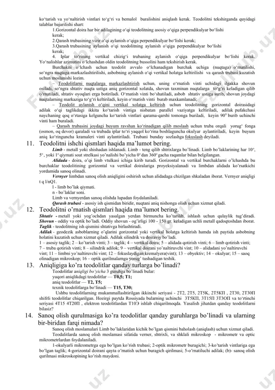 soslangan bo‘lib ko‘pincha, chet davlatlarda ishlab chiqariladigan asboblar shu sistemaga moslangan. grad o‘lchovida aylana 400 grad (d) ga, 1 grad yuz o‘nlik minutga, 1 ming 100 o‘nlik sekundga teng. bu bog‘lanish kuyidagicha yoziladi. aylana= 400g; 1g = 100'; 1=100". burchak qiymati 125g, 58c6345cc bo‘lsa, u 125g 58s63,45ss ga yoki 125g58' 63,45" shaklida yoziladi. gradus bilan grad o‘lchovlari orasida quyidagi munosabat bor: 1g=0,9°; 1°=1, 11111 g 1c=0,54'; 1'= 1,85185 c 1cc=0,324"; 1"=3,08642 cc в.nuqtaning а nuqtaga nisbatan balandligi musbat (+), а. nuqtaning в. nisbatan balandligi esa manfiy (-) bo’ladi. а nuqtaning в nuqtaga nisbatan balandligi formulasi hаb =нa- нb. maydon yuzini aniqlashda birlik o‘rnida kvadrat metr(m2), gektar (ga) = , kvadrat kilometr (km2) va m2 lar qo‘l–laniladi. havo temperaturasini o‘lchash bqrligi selsi termometri shka–lasining bir bo‘lagi bo‘lib, 1 daraja deb olinadi. termometr shkalalari turli bo‘lganidan selsiy shkalasi bo‘yicha olingan daraja qiymati yoniga s harfi yoziladi, masalan 15° s kabi. havo bosimi …
