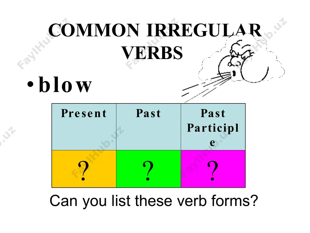 t past past participle go went gone grow can you list these verb forms? present past past participle ? ? ? grow present past past participle grow grew grown know can you list these verb forms? present past past participle ? ? ? know present past past participle know knew known lay can you list these verb forms? present past past participle ? ? ? lay present past past participle lay laid laid lie can you list these verb forms? present past past participle ? ? ? lie present past past participle lie lay lain ride can you list these verb forms? present past past participle ? ? ? ride present past past participle ride rode ridden run can you list these verb forms? present past past participle ? ? ? run present past past participle run ran run see can you list these verb forms? present past past participle …