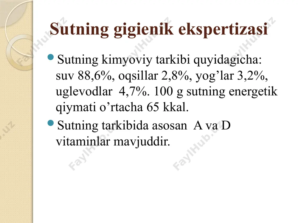 i bo’yicha sutning konsistentsiyasi baholash 0 30 jami 0 100 b) sutning zichligini aniqlash № tadbir bajarmadi to’liq to’g’ri bajardi 1. silindr idishining 3/4 qismiga sut solish 0 25 2. idish devoriga tegizmay lakto-densimetr asbobini silindr ichiga tushirish. 0 25 3. asbobning yuqori va pastki shkaladagi ko’rsatkichlar (yukoridagi sutning haroratini, pastdagisi esa sutning zichligini bildiradi) olinadi 0 25 4. olingan raqamlar asosida sutning zichligini aniqlash. 0 25 jami 0 100 c) go’shtda ammiakni aniqlash. № tadbir bajarmadi to’liq to’g’ri bajardi 1. 10g. go’sht olib uni pichoqda maydalash va uni kolbaga solish 0 20 2. kolbaga 10 ml distillangan suv qo’shish va uni yaxshilab chayqatish 0 20 3. hosil bo’lgan eritmani filtr qog’ozi yordamida filtrlash 0 20 4. olingan filtratga 5 tomchi nessler reaktivi tomizish. 0 20 5. eritmaning rangi o’zgarishiga qarab ammiak borligini aniqlash (sarg’imtir rang) 0 20 6 jami 100 vaziyatli masala №1. rayon kasalxonasining oziq-ovqat blokiga sut flyagalarda …