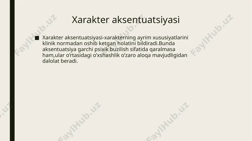 labiy yoki reaktiv-labil) turga yaqinlashad tsikloidlarda xarakterning o'zini o'zi qadrlashi asta-sekin shakllanadi, chunki "yaxshi" va "yomon" davrlar tajribasi to'planadi. o'smirlar hali bunday tajribaga ega emaslar, shuning uchun o'z-o'zini hurmat qilish hali juda noaniq bo'lishi mumkin. karl leonxard mashhur shaxs psixikasi klassifikatsiyasini ishlab chiqdi; bundan tashqari, mashhur bolalar psixiatri, professor a.e. lichko biroq, ikkala yondashuv ham aksentuatsiyalarning ma'nosi to'g'risida umumiy tushunchani saqlab qoladi. shunday qilib, ta'kidlangan shaxslarda, ijtimoiy ijobiy yutuqlarning imkoniyatlari va ijtimoiy salbiy ayblovlar qo'yiladi. yengil urg'u ko'pincha ijobiy shaxsiyat namoyishlari bilan, yuqori - salbiy namoyishlar bilan bog'liq. patologiya haqida faqat ta'kidlangan belgi juda kuchli ifodalanganida va umuman shaxsiyatga halokatli ta'sir ko'rsatganda gapirish mumkin. e’tiboringiz uchun rahmat o‘smirlarda salbiy xulq-atvorning paydo bo‘lishi murakkab jarayon bo‘lib, u o‘smirlarning ehtiyojlari, qadriyatlari, hissiyotlari va shakllanayotgan ijtimoiy muhitida shakllanib boradi. yoshlar tarbiyasi uchun mas’ul bo‘lgan ota-onalar, o‘qituvchi- tarbiyachilar va jamoatchilik oldida barkamol yoshlarni tarbiyalashdek ustuvor vazifalar turgan bir paytda ba’zi yoshlar tarbiyasida yuzaga kelayotgan …