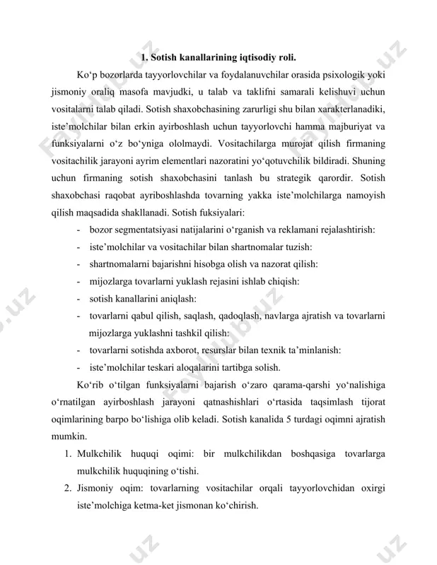 vchiga uzatish. 4. moliyaviy oqim: oxirgi iste’molchidan tayyorlovchi va vositachilarga harakat qiluvchi turli to‘lovlar hisob raqamlari. 5. axborotlar oqimi: bu oqim ikki yo‘nalishda tarqaladi:bozor haqida ma’lumotlar tayyorlovchilar tomoniga harakat qiladi, tayyorlovchi va vositachilar fikrlari, takliflari bo‘yicha, taklif qilinadigan tovarlar haqidagi ma’lumot bozor tomoniga yo‘naltiradi. xarajatlar yuqori darajasi doimo korxonani zamonaviy sotish metodlarini izlashga undaydi. firma nuqtai-nazaridan sanab o‘tilgan funksiyalarni vositachilarga uzatish ularni tayyorlovchiga nisbatan kam xarajatlar bilan bajarilishini samarali ta’minlaydi. tayyorlovchiga nisbatan sotuvchilar imtiyozli tomonlari quyidagi omillar bilan aniqlanadi: 1. aloqalar qisqarishi soni 2. sotish operatsiyalarida iqtisod 3. funksional to‘g‘ri kelmasligini kamaytirish 4. assortimentni yaxshilash 5. xizmat ko‘rsatishni yaxshilash. bu omillarni qisqacha ko‘rib chiqamiz: aloqalar qisqarishni soni chakana savdogar orqali savdo-sotiqni tashkil qilish yo‘li bilan ta’minlaydi. sotish operatsiyalarida iqtisod - ko‘p tayyorlovchilar takliflarini guruhlaridan olinadi. vositachi tayyorlovchiga nisbatan aniq funksiyalarni ko‘proq hajmda bajarishga qodir. masalan: chakana firma savdo vakili xarajatlari bir necha ishlab chiquvchilar bo‘yicha taqsimlanishi mumkin. natijada sotishni funksiyasini …