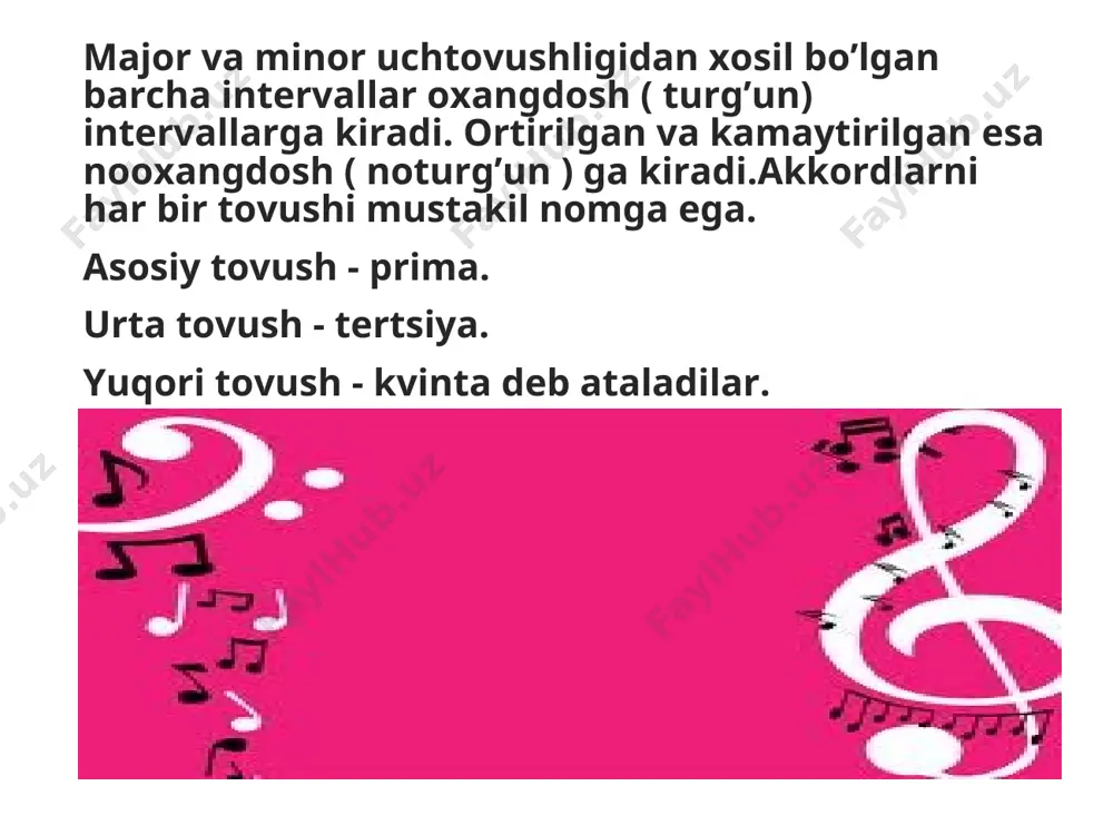 ridan s ta to’larok ifodalangan. ii 6/5 (basda iv pog’ona) aylanmasi kuprok ko’llaniladi. adabiyotlar. 1.elementar nazariyasi» vaxromeev. t.1967 y. 2. o.fayziev «o’zbekiston maktablarida musiqiy-nafosat tarbiyasi» t. 1992 y. 3. o.azimova garmoniya . t, 1999. 4. i.a.akbarov «musiqa lug’ati» - t, 1997. 5. o’zbekiston vatanim manim t, 2000, 2002. 6. p.i. chaykovskiy detskiy albom, vremena goda 7. musiqa elementar nazariyasi i. sposobin