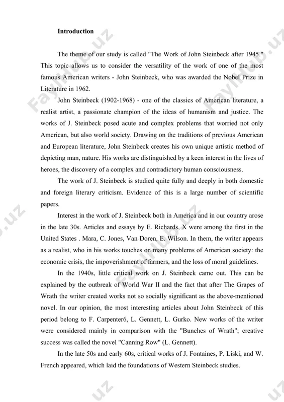 iblical and mythological parallels in the writer's works. in 2002, when the centenary of the writer�s birthday was celebrated, many articles, essays, and reviews were published on the life and work of j. steinbeck. the most interesting, in our opinion, are the works of melissa harmon ( melissaharmon , " monterey : travelswith steinbeck "), which refers to the modernity of many characters and situations in the works of the so-called monterey cycle; marjory coliman ( marjorycoleman , � whyteacherstreasuresteinbeck ' stales �), in which the author believes that the work of j. steinbeck has not lost its relevance or significance today. on the whole, the artistic heritage of j. steinbeck in modern literary criticism is a fairly studied area, however, given the importance of the writer and his contribution to world literature, it became necessary to give an artistic assessment in certain aspects of the work of this author. …