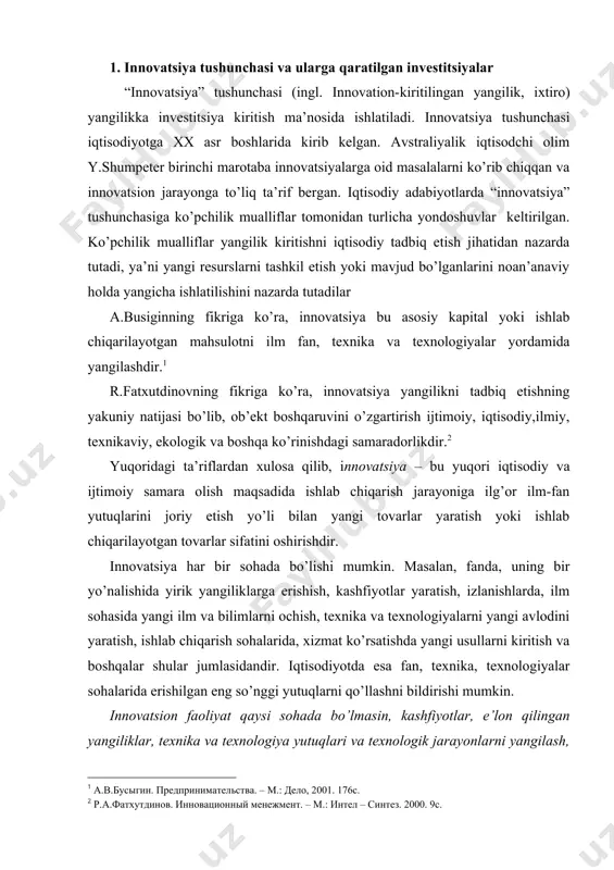 a va texnologiyalarni yangi avlodini yaratish, ishlab chiqarish sohalarida, xizmat ko’rsatishda yangi usullarni kiritish va boshqalar shular jumlasidandir. iqtisodiyotda esa fan, texnika, texnologiyalar sohalarida erishilgan eng so’nggi yutuqlarni qo’llashni bildirishi mumkin. innovatsion faoliyat qaysi sohada bo’lmasin, kashfiyotlar, e’lon qilingan yangiliklar, texnika va texnologiya yutuqlari va texnologik jarayonlarni yangilash, mahsulot bilan ta’minlash va boshqa yo’nalishlardagi barcha yangiliklarni tizimli ravishda uzluksiz joriy etib borishni ta’minlash jarayonidir. jahon gloaballashuvi jarayonida kuchli raqobat har sohada yangilikka undaydi. fandagi texnika-texnologiya sohalaridagi eng so’nggi yutuqlar, kashfiyotlar, yangiliklar, ratsionalizatorlik takliflarni ishlab chiqish va xizmat ko’rsatish sohalariga shiddat bilan kiritilib boriladi va marketing, boshqaruv, ishlab chiqarish, xizmat ko’rsatish sohalarida yangi yondashuv, yangi texnologiya, texnikalarni qo’llashni talab qiladi va texnologiyalarni yangi avlodini qo’llash asosida mablag’ kiritilishi investitsiyadan dalolat beradi. yangilik kiritilishi asosida mavjud texnika va texnologiyalarni almashtirilishi ham investtsiyani anglatishi mumkin. fan va texnika taraqqiyoti natijalari asosida yangi texnika, texnologiyalarni qo’lga kiritilishi ham investitsiya ma’nosida ishlanadi. investitsiyani aniqlovchi omil …