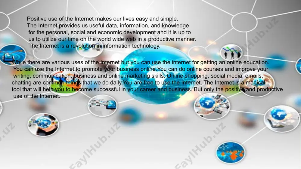 items. 4. use of internet for research anddevelopment common applications of internet research include personal research on a particular subject (something mentioned on the news, a health problem, etc.), students doing research for academic projects and papers, and journalists and other writers researching stories. research is a broad term. 5. use of internet provide us quick and free communication internet telephony consists of a combination of hardware and software that enables you to use the internet as the transmission medium for telephone calls. for users who have free, or fixed-price internet access, internet telephony software essentially provides free telephone calls anywhere in the world. 6. international uses of internet by workingremotely and providing business services international uses of internet by working remotely and providing business services. it is obvious that the presence of the internet has made doing business much easier. but it has also created its own set of …