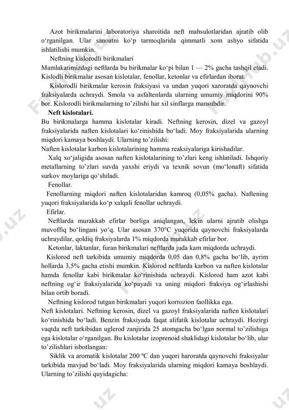 o‘prog‘i asfalten va smolasimon moddalarni tarkibiga kiradi. azot ham oltingugurt kabi neftni qayta ishlashda qo‘llaniluvchi katalizatorlarga zaharli tasiri va yoqilg‘ilar yonganda azot oksidlarini hosil qilishi sababli neftdagi zararli moddalar tarkibiga kiradi. kimyoviy xossalariga ko‘ra azot birikmalari asos va neytral xususiyatga ega bo‘lib, asos xususiyatiga ega bo‘lganlarni kislotalar yordamida ajratib olish mumkin: bularni boshqa hosilalari ham bor: masalan, bir yoki ikkita metil yoki etil radikalligi, halqali alkan bilan birlashgani va shu kabilar. bazan shunday moddalar uchraydiki molekulasida ham azot, ham kislorod atomlari bor, yoki ham azot, ham oltingugurt atomlari bor. neytral xarakterdagi azot birikmalari asosan pirrolni hosilalaridan iborat. pirrolni alifatik hosilalari o‘rganilmagan, ammo aromatik halqali hosilalari o‘rganilgan. indol karbazol benzkarbazol pirrol bu birikmalar neftni 450-540 °c dagi fraksiyalarda uchraydi. neftda azot tutgan birikmalardan yana biri porfirin birikmalari bo‘lib, porfirin tarkibini to‘rtta pirrol molekulasi tutgan metall komplekslari tashqil qiladi: demak benzin fraksiyasida azot deyarli uchramaydi, dizel va solyar fraksiyasida asosli azot birikmalari …