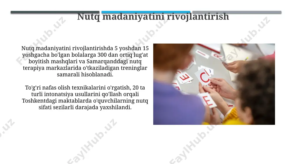 r, masalan, "o'zbek tili lug'ati" dan foydalanish samarqanddagi kutubxonalardan foydalanib, adabiyotlarni o'qish orqali kengaytirilishi mumkin. o'qish va yozishning ta'siri adabiyot asarlarini o'qish va tahlil qilish, xususan, 19-asr rus klassikalari asarlari, nutq madaniyatini 15% ga yaxshilashga, jumlalarning tuzilishi va uslubiy xususiyatlarini boyitishga yordam beradi, bu farg'ona viloyatida o'tkazilgan sotsiolingvistik tadqiqotlar natijalari bilan tasdiqlangan. o'qish, ayniqsa, 10 yoshgacha bo'lgan bolalarda, nutqning leksik boyligini 20-30% ga oshirib, samarqanddagi tadqiqotlarga ko'ra, grammatik tuzilmalarning to'g'ri ishlatilishini yaxshilaydi. amaliyot va mashqlarning ahamiyati to'g'ri nafas olish texnikasi, 15-20 minutlik kundalik mashqlar bilan birga, toshkentdagi teatr institutining talabalari orasida ovoz sifati va nutq aniqligini 15% ga yaxshilashga yordam beradi. o'zbekistonning turli hududlaridan 20 dan ortiq nutq terapevtining kuzatuvlariga ko'ra, ro'yxatdagi 30 ta yangi so'zni muntazam o'rganish va qo'llash lug'at boyligini oshiradi. idiomalar va maqollarni qo'llash idiomalar va maqollarni to'g'ri qo'llash nutq madaniyatining 30% ni tashkil etadi, ular fikrni qisqa, aniq va ta'sirchan yetkazishga yordam beradi, masalan, "yetti otliqni …