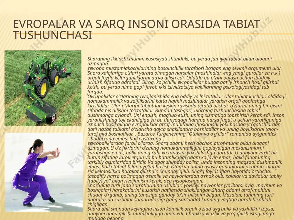 ilishini bilgan. masalan, tananing turli nuqtalarida zarbalar samaradorligi (jang san'atida) kunning vaqtiga qarab hisoblab chiqilgan. sharq ahli shundan keyingina inson komillik orqali o‘zida uyg‘unlik va yaxlitlikni topsa, dunyoni obod qilishi mumkinligiga amin edi. chunki yovuzlik va yo'q qilish istagi unga mutlaqo begona. sarq va g‘arb annalari sharqning uchinchi xususiyati an’anaga sodiqlikdir. an'ana evropada ham topilgan, ammo sharq tsivilizatsiyalarida u uzoq o'tmishda, afsonaviy "oltin" asrda qurilgan. va hamma narsa antik davrda shunga o'xshash narsani topish mumkin bo'lgandagina oqlandi. bu erda hamma narsa doimiy ravishda takrorlanadi, biroz o'zgartiriladi, lekin o'xshashlikni saqlab qoladi. gomer uslubida yozish yevropa o‘rta asrlarida yashagan odamning xayoliga ham kelmagan bo‘lardi. sharqda esa 3000 yil davomida misralarda bir xil metrlar, ohanglar va hokazolarni uchratish mumkin. an'analarning har qanday asossiz buzilishi (hatto eng ahamiyatsiz) dahshatli tush sifatida qabul qilindi. shunday qilib, buyuk xitoy faylasufi konfutsiy "ibodatxonada raqslar sakkiz qator bo'lib saf tortadigan raqslarni" tashkil etgan ulug'vor haqida gapiradi. qadim zamonlarda …