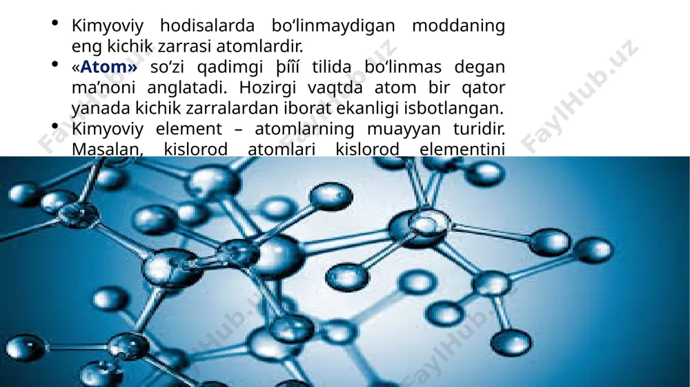 ningdek moddaning 1 molini xam bildiradi. shuningdek, molekulani haqiqiy va nisbiy massasini ham topish mumkin. haqiqiy massasini topish uchun 2 ta vodorod, 1ta oltingugurt va 4 ta kislorod atomlarining haqiqiy massalari qo‘shiladi. bunday kichik sonlar ustida amallarni bajarish qiyinchiliklarni keltirib chiqaradi. shuning uchun molekulaning nisbiy massasi /mr/ va mol miqdorini hisoblab topiladi. bir mol – moddaning nisbiy molekulyar massasiga son jihatidan teng va gramm bilan ifodalangan qiymatdir. bir mol - /12c/ uglerod izotopining 12 grammida nechta atom bo‘lsa o‘shancha struktura birligi (molekula, atom, ion, elektron) tutgan moddaning miqdoridir. 12 gramm uglerodda 6,021023 ta atom bo‘ladi. modda miqdori –  harfi bilan belgilanadi va uning qiymati mollar bilan ifodalanadi. moddaning molyar massasi – m harfi bilan belgilanadi. modda kimyoviy formulasi molyar massasi modda miqdori molekulalar soni suv h2o 18 g 1 mol 6,021023 karbonat angidrid co2 44 g 1 mol 6,021023 sulfat kislota h2so4 98 g 1 mol 6,021023 image2.jpg image3.jpg …