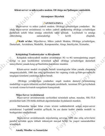 klient-server va mikroyadro modem. ob’ektga mo’ljallangan yondoshish — DOCX