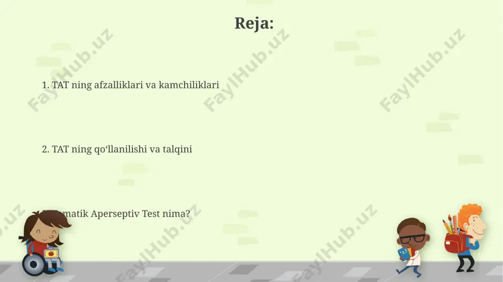 rlik darajasini aniqlashda yordam berdi, diagnostika jarayonini boyitdi. tatning farg'ona viloyatidagi amaliy qo'llanilishi 15 ta holatda psixologik muammolarni aniqlashda klinik tasvirni to'ldirish va davolash strategiyasini tanlashda yordam berdi, shu jumladan depressiya va tashvish holatlarida. tat ga alternativalar tat o'rniga "ekspressiv chizmalar" testi yoki "uy-daraxt-odam" testi kabi proektsion testlar, jumladan, 1940-yillarda shveytsariyada ishlab chiqilgan testlarni qo'llash mumkin, bu testlar ko'proq klinik kontekstda foydalidir. tematik apperseptiv testga (tat) alternativ sifatida 60 yildan ortiq vaqt davomida psixologik baholashda ishlatilgan, 30 ta kartadan iborat kartadagi hikoya tugatish testini qo'llash mumkin. tat natijalarining interpretatsiyasi tat natijalarini talqin qilishda, masalan, 30 yoshli toshkentlik ishtirokchining javoblarida ko'p sonli agressiv obrazlarning mavjudligi, ehtimol, uning ichki konfliktlari va psixologik stressini ko'rsatishi mumkin. amerika psixologlari tomonidan ishlab chiqilgan tat metodologiyasida, 5 ball shkalasi yordamida har bir javobning emotsional intensivligi va kontentining murakkabligi kabi 2-3 ta o'lchov bo'yicha baholanishi mumkin. tat dan foydalanishdagi axloqiy masalalar test natijalariga asoslangan xulosalarni faqat malakali …