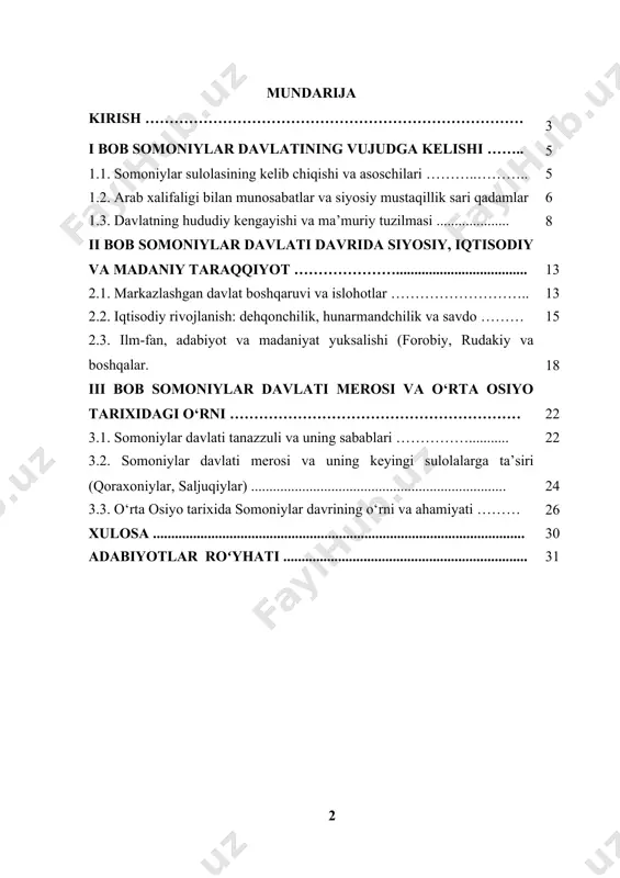 an, adabiyot, arxitektura va davlat boshqaruvi sohalarida yuksak yutuqlar kuzatildi. somoniylar sulolasining davlatchilik tajribasi va ularning o‘ziga xos siyosiy yo‘li hozirgi milliy davlatchilik tamoyillariga hamohang jihatlar bilan uyg‘unlashadi. bugungi kunda tarixiy merosga e’tiborning kuchaygani, o‘zlikni anglash va milliy g‘ururni shakllantirish jarayonlarida bu davrni chuqur o‘rganish alohida ahamiyat kasb etmoqda. shuning uchun ushbu kurs ishining mavzusi o‘z dolzarbligi bilan ajralib turadi. kurs ishi ahamiyati - somoniylar davrini o‘rganish nafaqat tarixiy faktlarni yod olish, balki xalqimizning o‘ziga xos davlatchilik an’analari, madaniy qadriyatlari va ilm-fan taraqqiyoti ildizlarini anglash imkonini beradi. bu davrda shakllangan siyosiy va madaniy tizimlar keyingi sulolalar — qoraxoniylar, saljuqiylar, va hatto temuriylar davriga katta ta’sir ko‘rsatgan. ayniqsa, bu davrda firdavsiy, rudakiy, forobiy kabi buyuk allomalar faoliyat ko‘rsatgan bo‘lib, ularning merosi bugungi kunda jahon madaniy merosining ajralmas qismiga aylangan. shuningdek, somoniylar davlati iqtisodiy barqarorlik, pul-moliya tizimining rivoji va markazlashgan boshqaruv tizimining samarali amaliyoti bilan ham ajralib turadi. ushbu kurs ishi tarixiy …