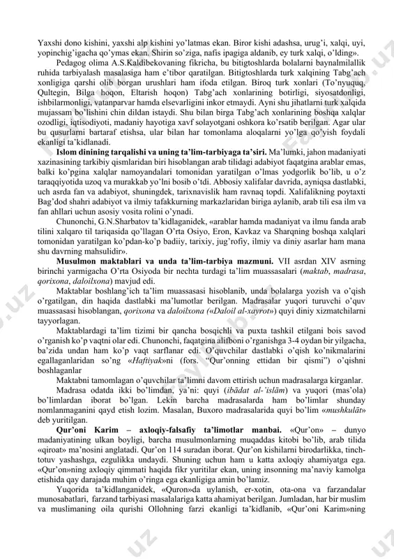 ning didaktik imkoniyatlari doirasiga kiritish mumkin. xususan, ganch va yog’och o’ymakorligi, zardo’zlik, musiqa asboblari yasash, kulolchilik va boshqa ko’plab amaliy can’at turlarini egallashning xalq ustalari va chevarlari tomonidan tajribada yaratilgan o’z usullari, uslub va vositalari mavjud. ulardan milliy maktabdagi mehnat ta’limi darslarlda yoki to’garak mashg’ulotlarida o’quvchilarga bilimlar va amaliy ko’nikmalar berishda foydalanish mumkin. o’zbek xalq poetik ijodida bolalarni oilada va bola yashab turgan muhitda insoniy fazilatlarni tarbiyalashning juda uzoq zamonlardan beri davom etib kelayotgan o’ziga xos xilma-xil metod va vositalari mavjud ekanligi ko’rinadi. yuqorida aytib o’tilganidek, xalq ijodi ham shu orqali xalq pedagogikasida qo’llaniladigan: tushuntirish, namuna ko’rsatish, odatlantirish (o’rganish, mashq qildirish), iltimos qilish, tilak-istak bildirish, yolvorish-iltijo qilish, maslahat berish, ko’ndirish, undash, ma’qullash, rahmat aytish, duo qilish, olqish (oq yo’l tilash), taqiq qilish, ta’na (gina, o’pka) qilish, mashara - mazax qilish, majbur qilish, tanbeh berish, koyish, qarg’ash, qo’rqitish, uzr so’rash, ont - qasam ichirish, la’natlash, so’kish, urish, kaltaklash metodlari bo’lsada, yoshlarning …